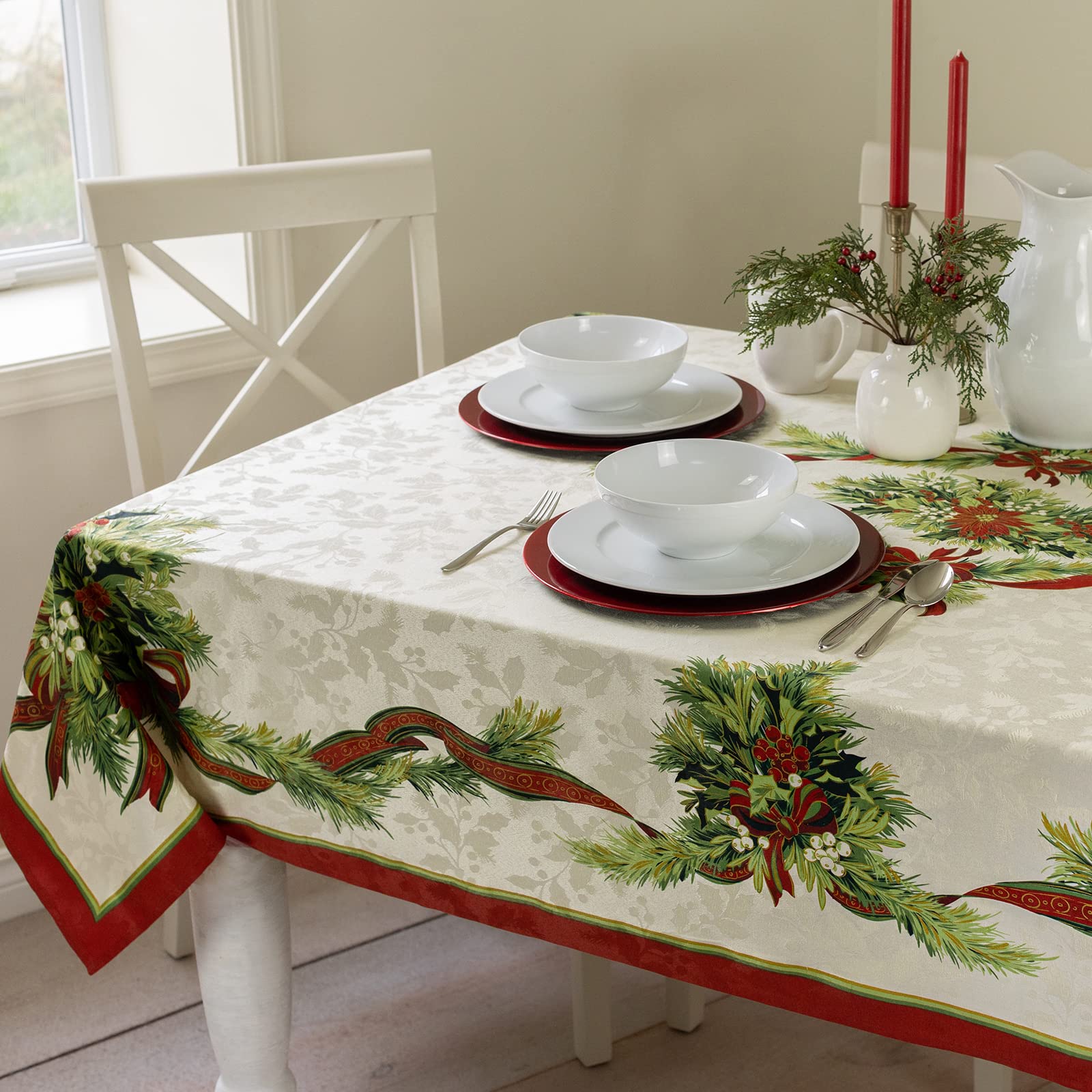 Benson Mills Christmas Ribbons Engineered Printed Fabric Table Cloth, Winter, Holiday And Christmas Tablecloth (60'' X 84'' Rect
