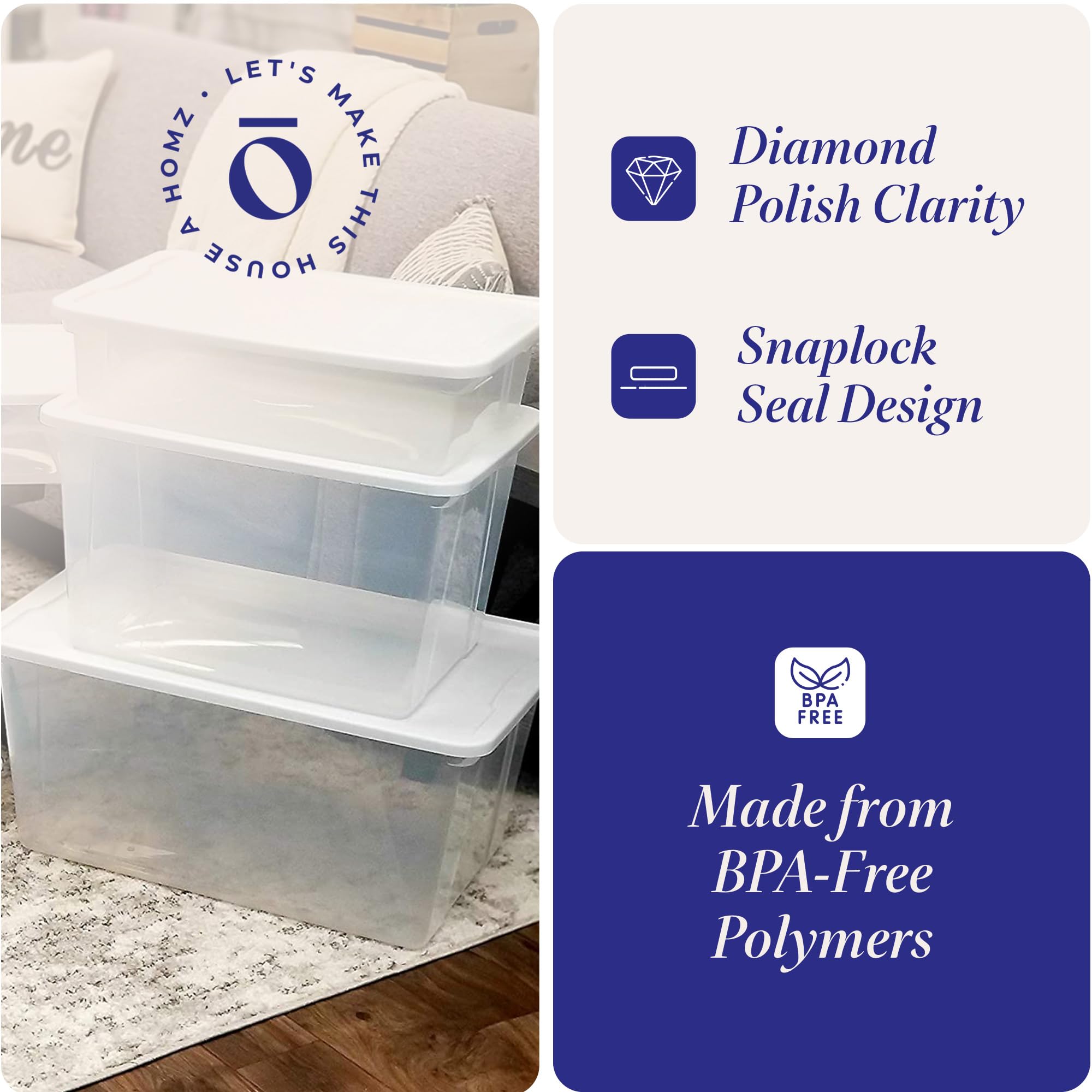 Homz 2 Pack Storage Bins, Clear Plastic Organizing Containers W/White Lids, 56 Quart