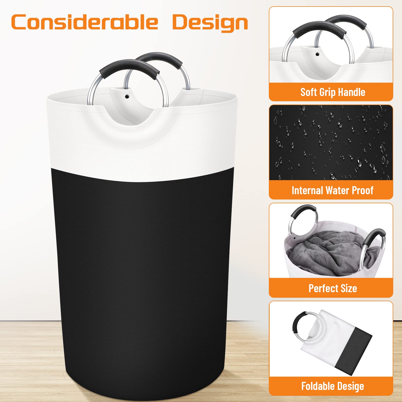 BlissTotes Laundry Basket  Laundry Hamper  Collapsible Laundry Baskets  Dirty Clothes Hamper  Waterproof with Foam Protected Aluminum Handles for College Dorm  Family 90L (Black)