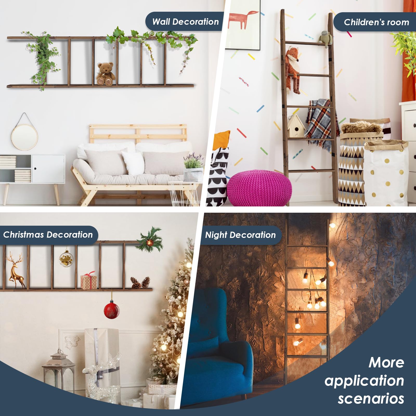 Acacia Wood 6-Tier Blanket Ladder, 5.7Ft(66.5'') Blanket Quilt Towel Holder Rack Decorative Ladder Wooden, Easy Assembly, Rustic