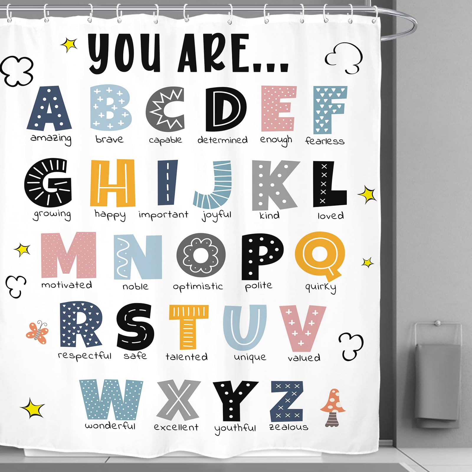 Kalmico Abc Alphabet Kids Shower Curtain 60Wx72L Inch Educational Learning Tools Study Inspirational Motivational Positive Boys