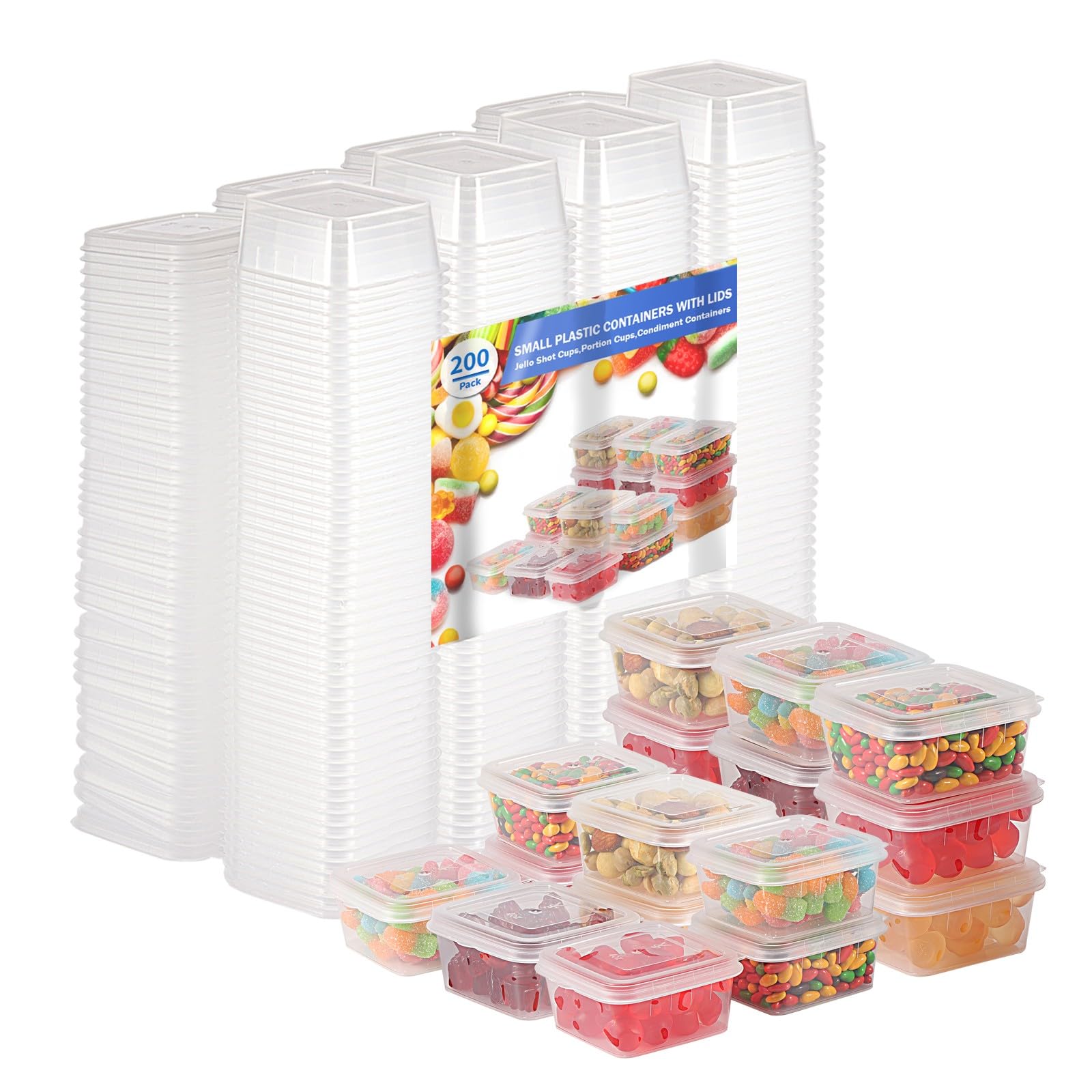 RIKICACA 4 oz Plastic Containers with Lids(200 Pack),Condiment Containers with Lids, Portion Cups, Jello Shot Souffle Sauce Cups