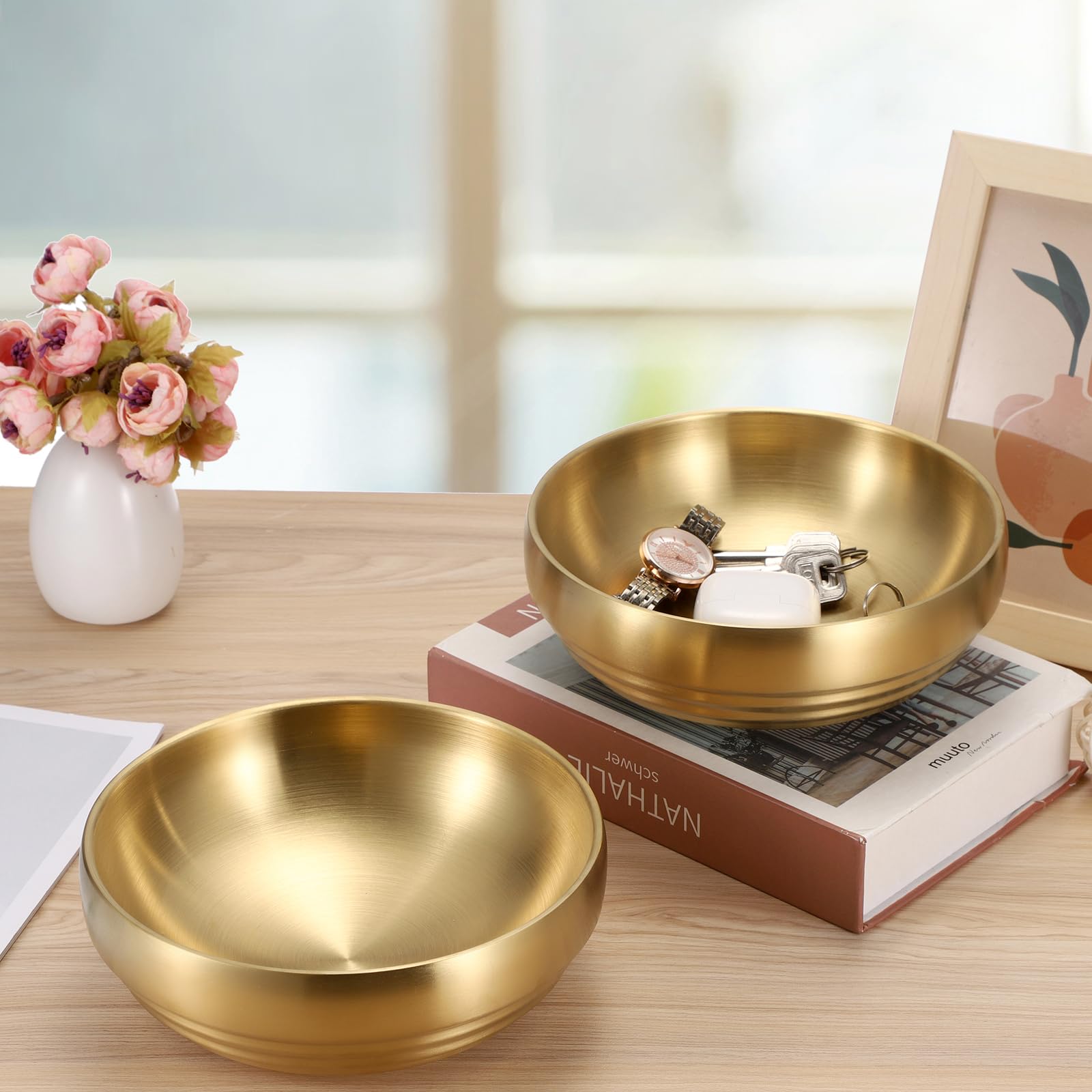 GUSHBIN 7.4 Gold Decorative Bowl - 2 Packs Key Bowls for Entryway Table Catchall Vintage Round Key Holder Bowl for Candy Fruit,