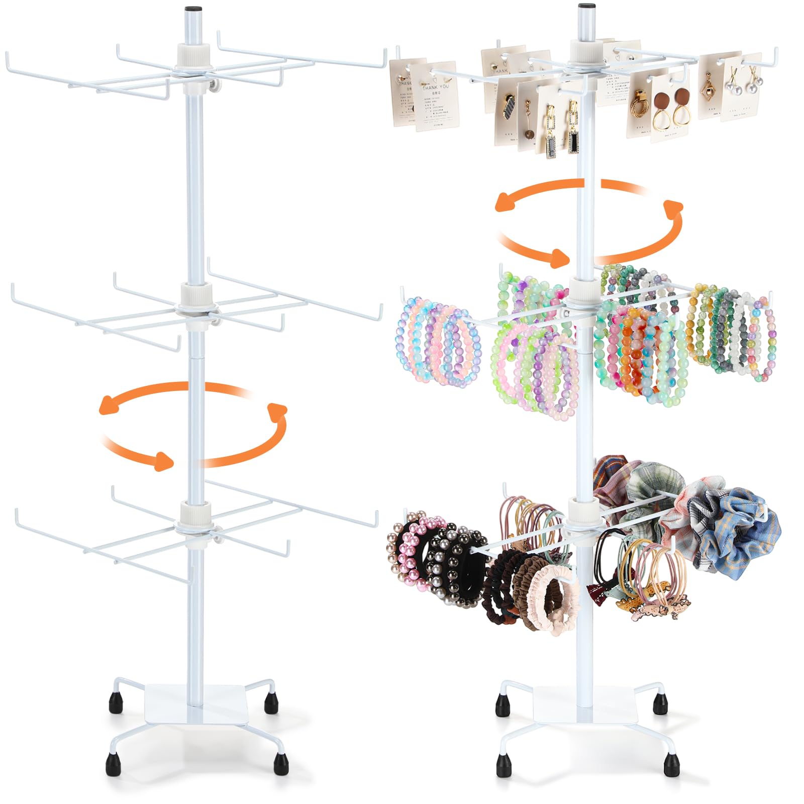 Rattanview 2 Pack Rotating Display Spinning Display Jewelry Stand, Adjustable 3 Tier Earrings Bracelet Display Rack With Hooks M