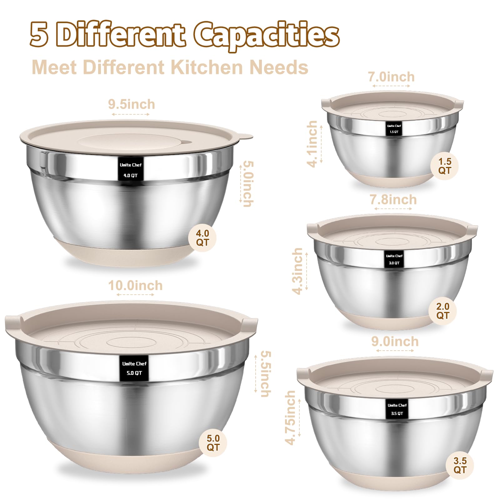 Umite Chef Stainless Steel Mixing Bowls Set - 8PCS Khaki with Airtight Lids, Non-Slip Bottoms, Sizes 5QT to 1.5QT