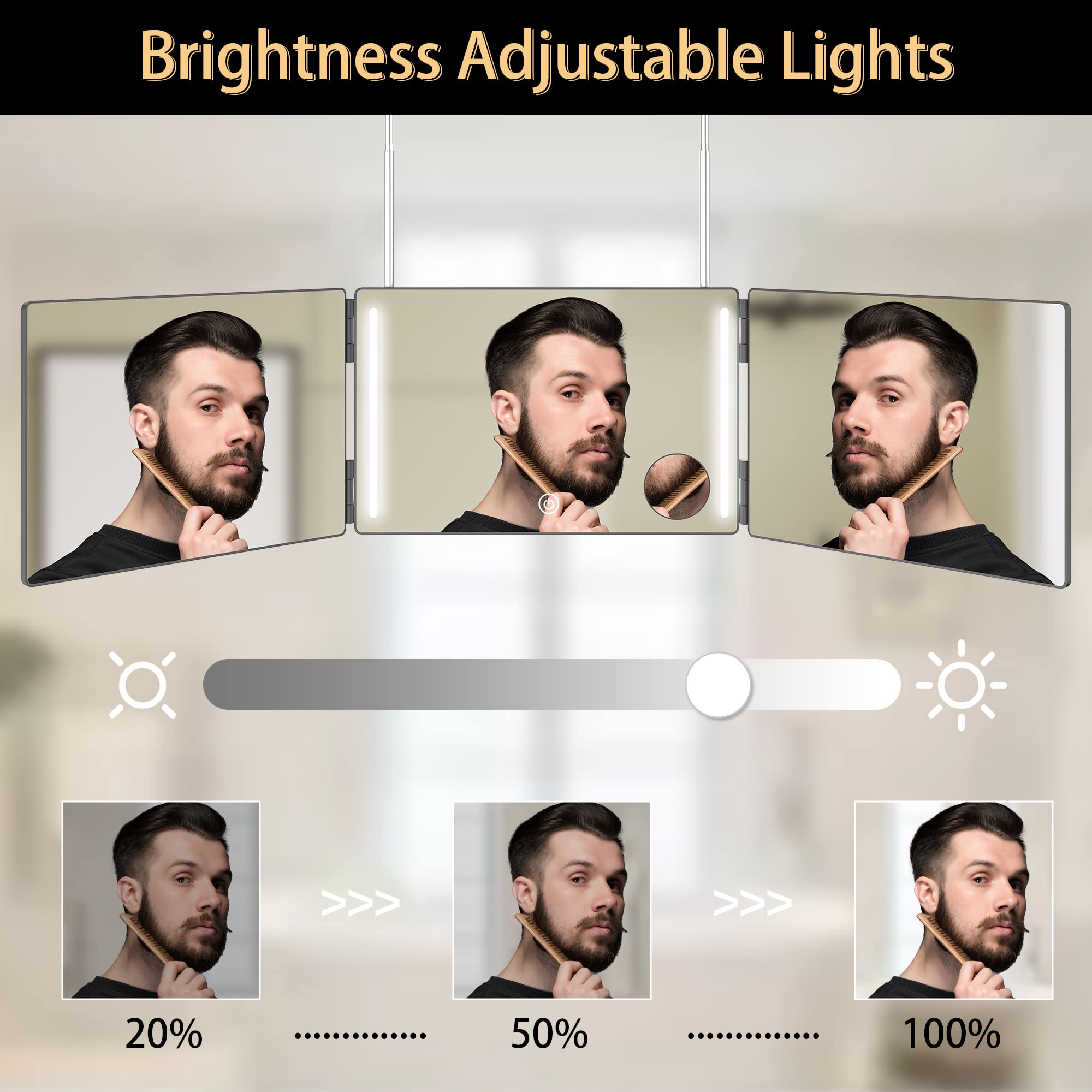 Glddao 3 Way Mirror For Self Hair Cutting With Lights,Rechargeable 360 Trifold Barber Mirrors Led Makeup Mirror See Back Of Head