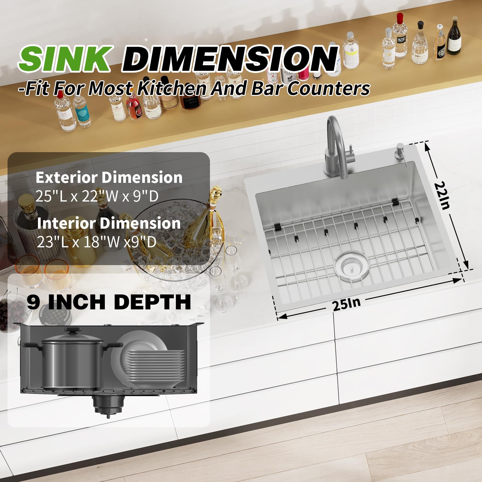 Stainless Steel Drop In Kitchen And Bar Sink - 25X22 Inch Single Bowl Topmount Bar Sink Come With Ss Grid,Silicon Mat,Drain Stra