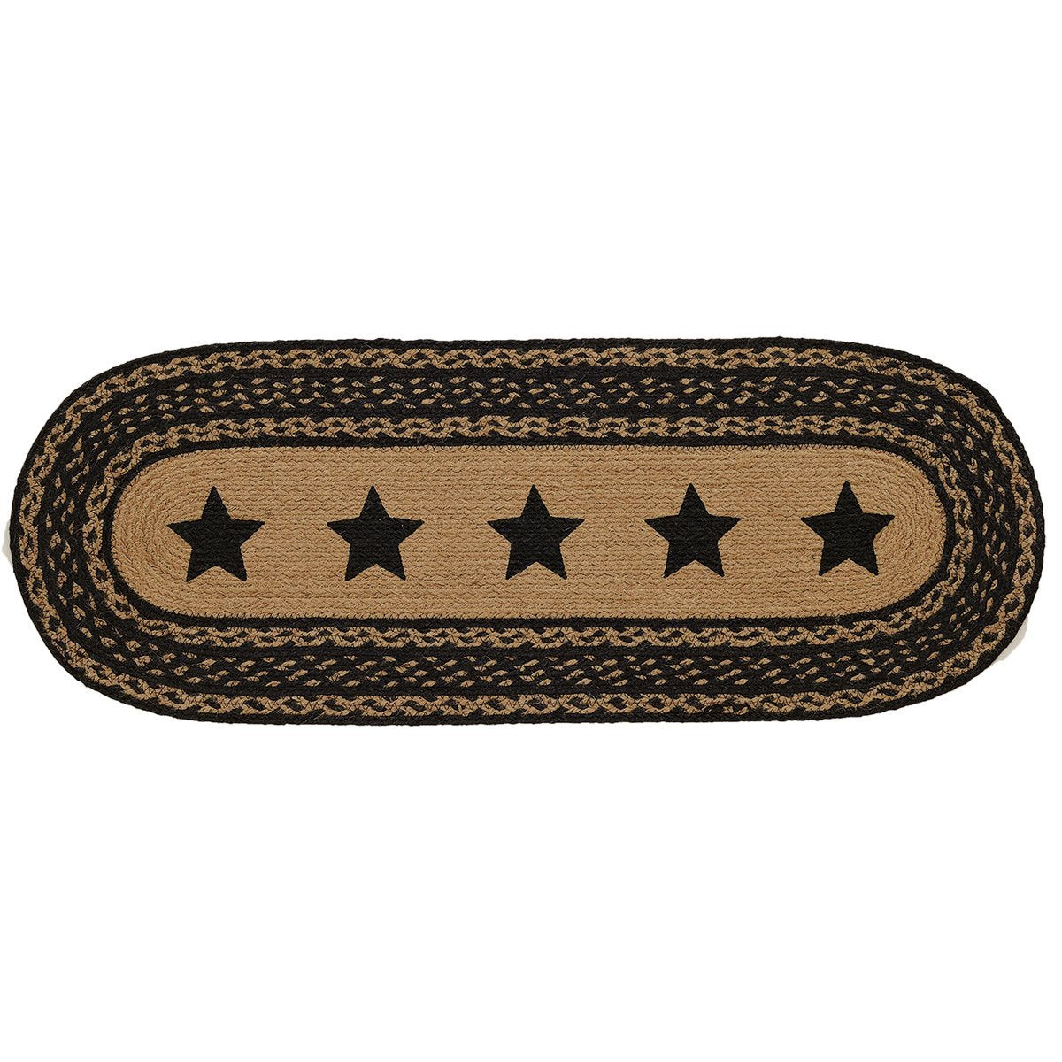 VHC Brands Farmhouse Primitive Jute Black Textured Table Runner w/ Stenciled Stars 13x36