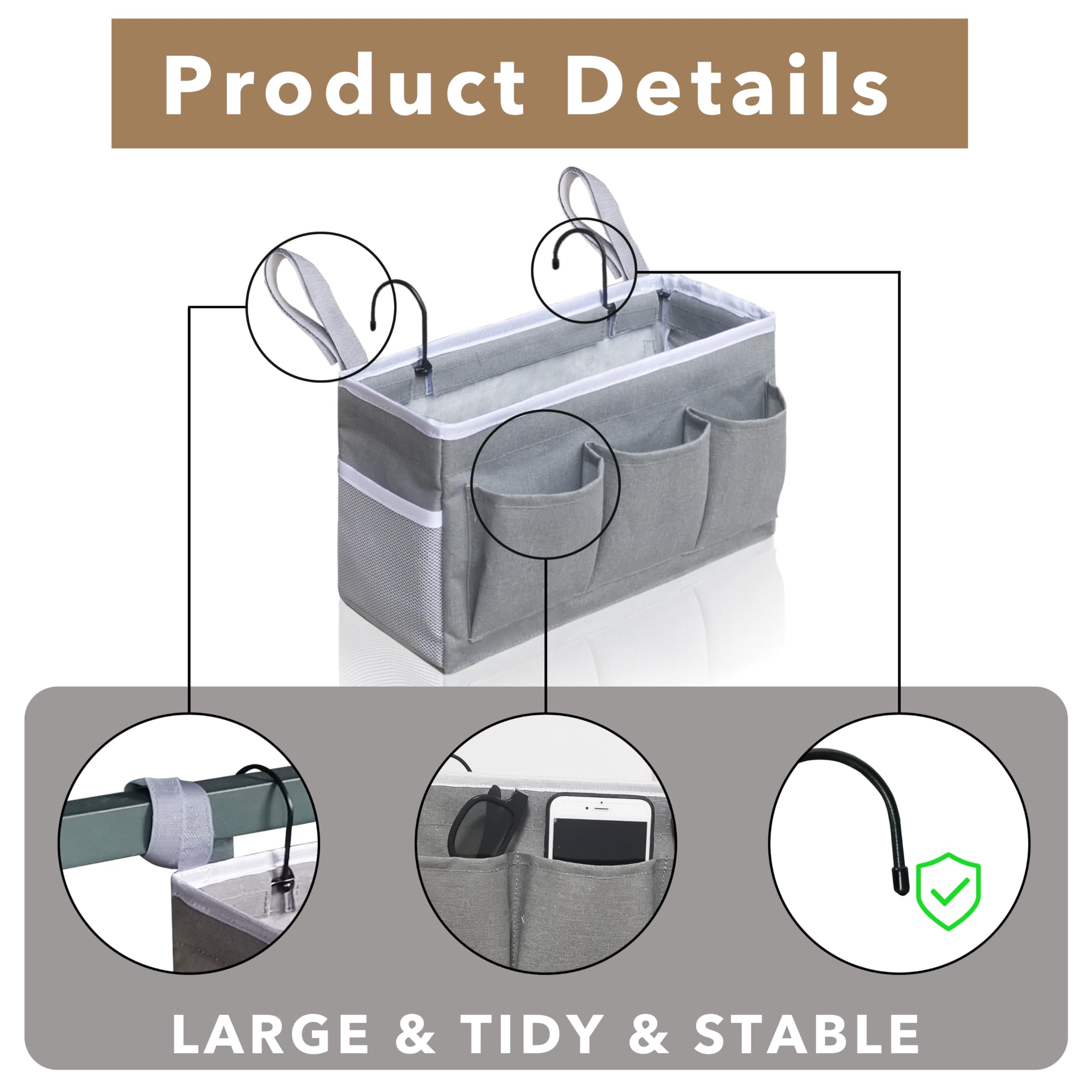 Kanrichu 3pcs Bedside Caddy Storage Organizer, Hanging Bag Holder with Pockets for Bedroom, Loft Bed Tent, Bed Curtain, Top Bunk