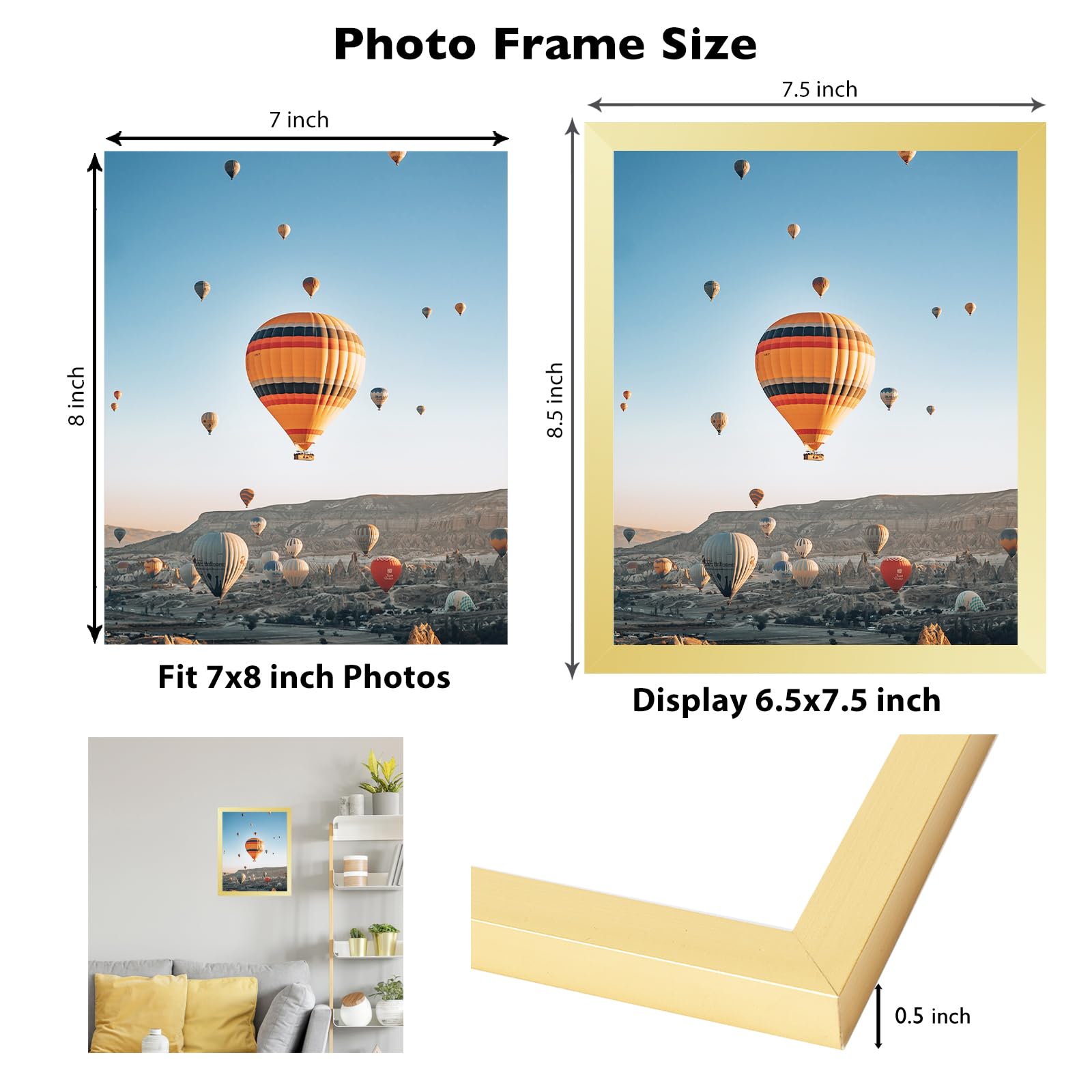 JCJMY 7x8 Picture Frame Gold for Wall Hanging or Tabletop, Wall Mounting Horizontally or Vertically, 7 x 8 Wall Gallery Poster P