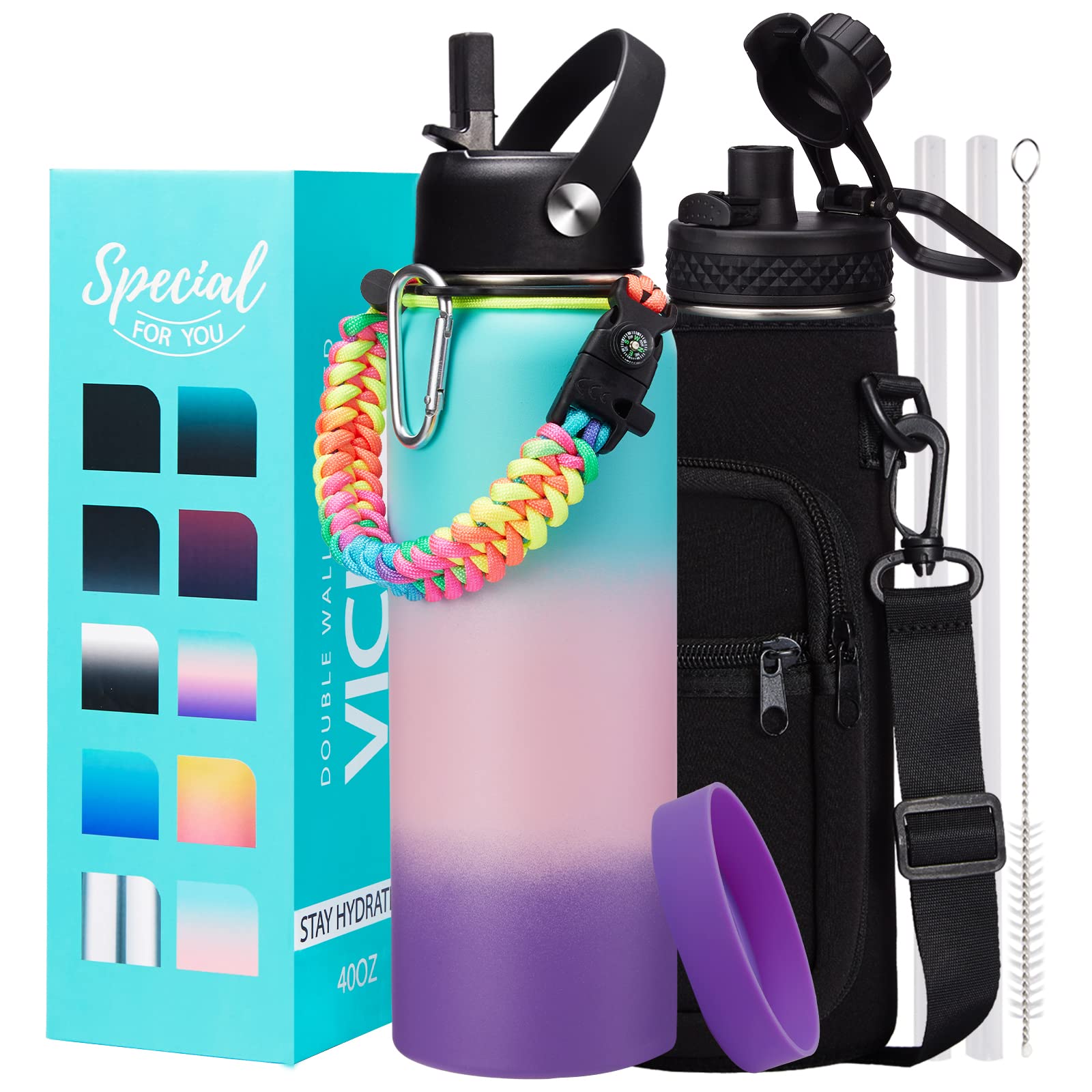 Stainless steel Water Bottle 40OZ - with Straw & Spout Lids, Paracord Handle, Shoulder Carrier Bag, Vacuum Insulated Water Jug, 
