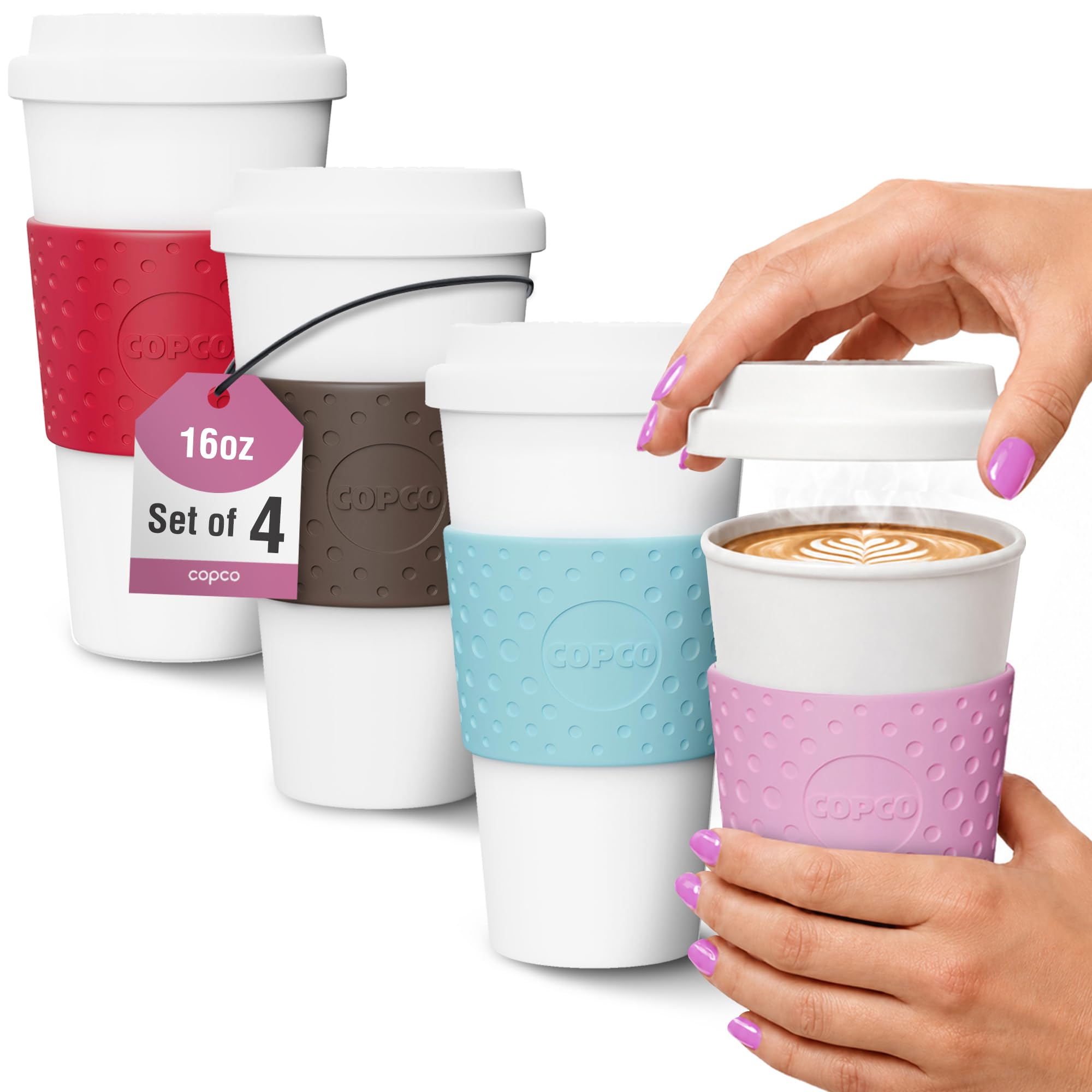 Copco Acadia Travel Mug, 16 Oz  Pink, Azure, Brown, Red, Set of 4
