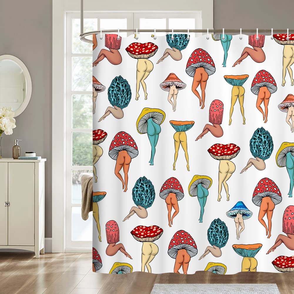 Funny Mushroom Butt Shower Curtain, Fun Cute Sexy Butt 70S 80S Fabric Shower Curtains For Bathroom Hippie Psychedelic Aesthetic