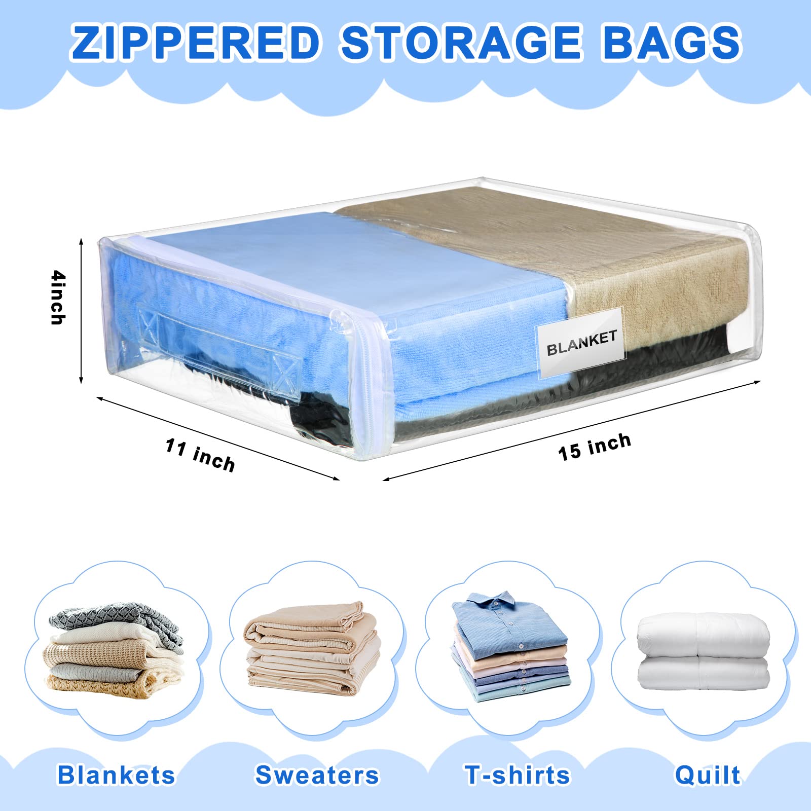 Kenning Set Of 20 Clear Vinyl Zippered Storage Bags For Storage Sheet Organizer Plastic Sweater Storage Bags With Handle Pocket