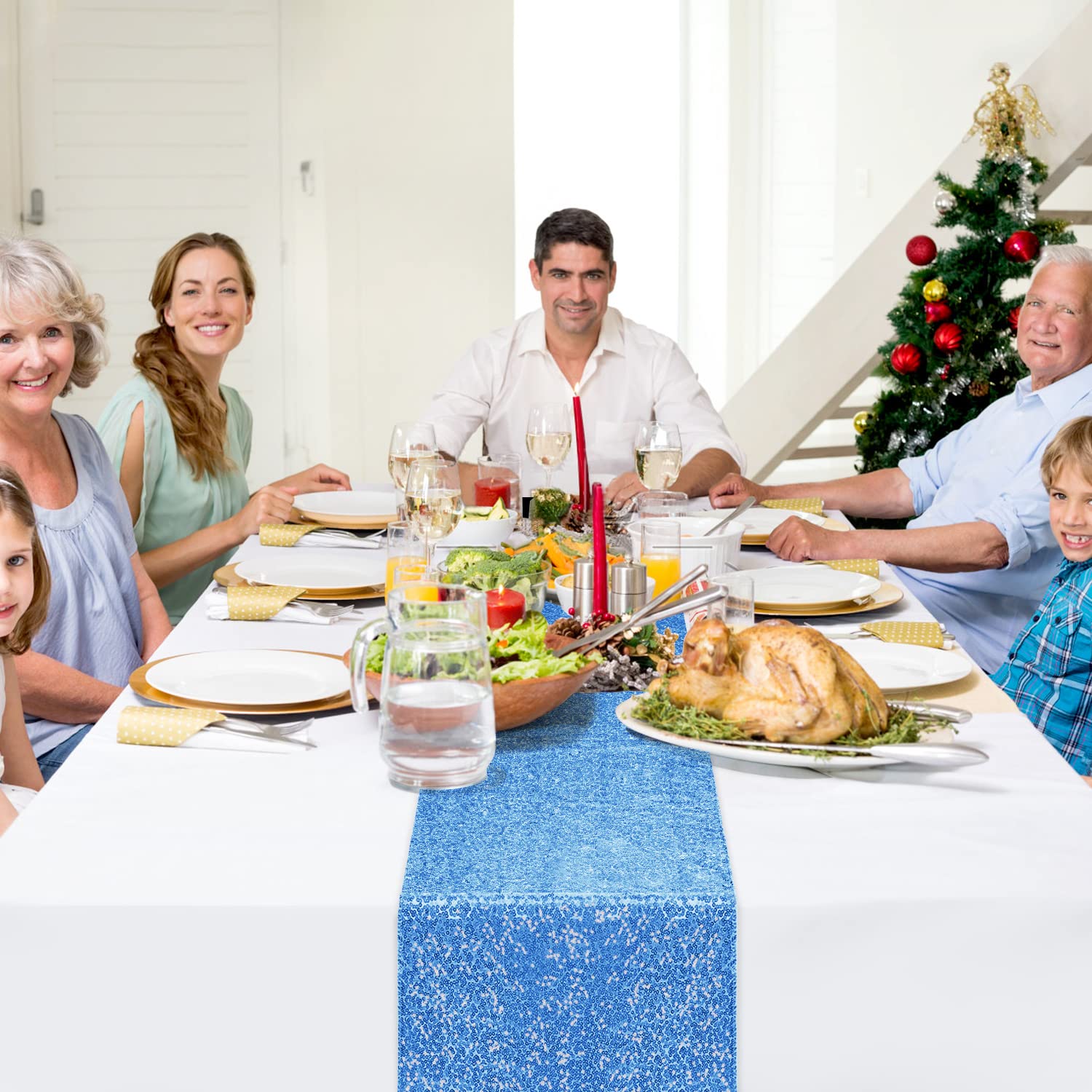 6 Pack Sequin Table Runner Baby Blue, 12 X 108 Inch Glitter Baby Blue Table Runner For Rectangle Table For Birthday, Wedding, Ba