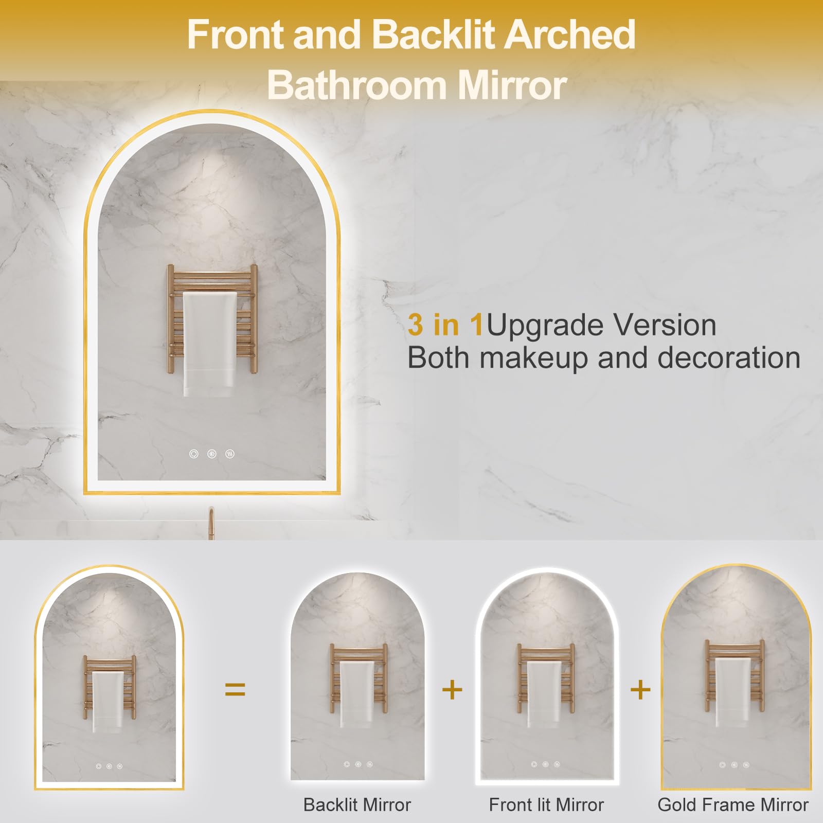 Oumusu Arched Led Bathroom Mirror 24''X36'' With Front And Backlight, Gold Bathroom Mirror With Lights-Anti-Fog, Dimmable-Led Mi