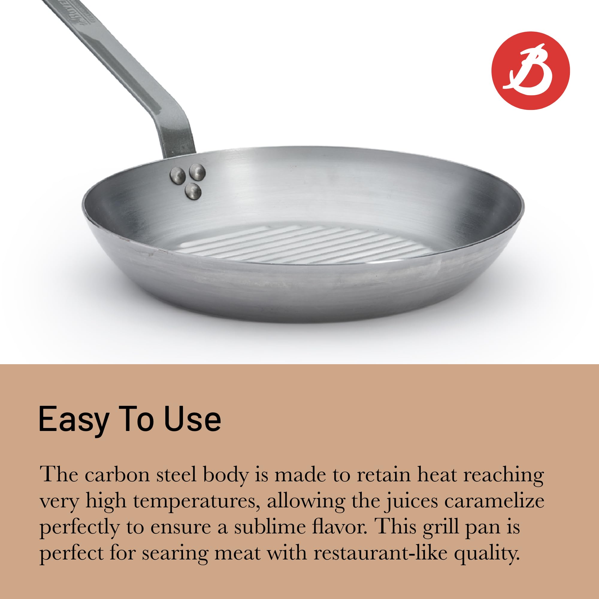 De Buyer Mineral B Carbon Steel Grill Pan - 10.25    - Ideal For Grilling & Browning Meat - Naturally Nonstick - Made In France