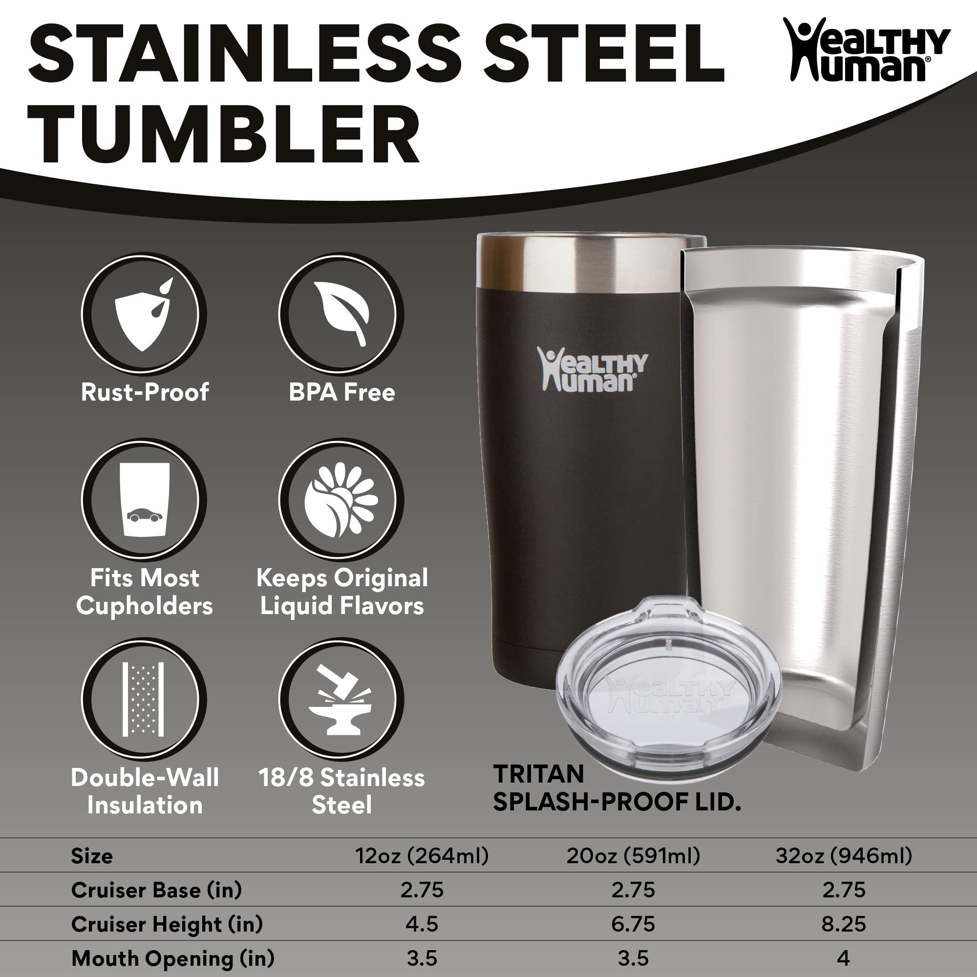 Healthy Human Stainless Steel Tumbler With Straw & Lid | Splash Proof Insulated Travel Cup | Eco-Friendly Coffee Tumblers | Wate