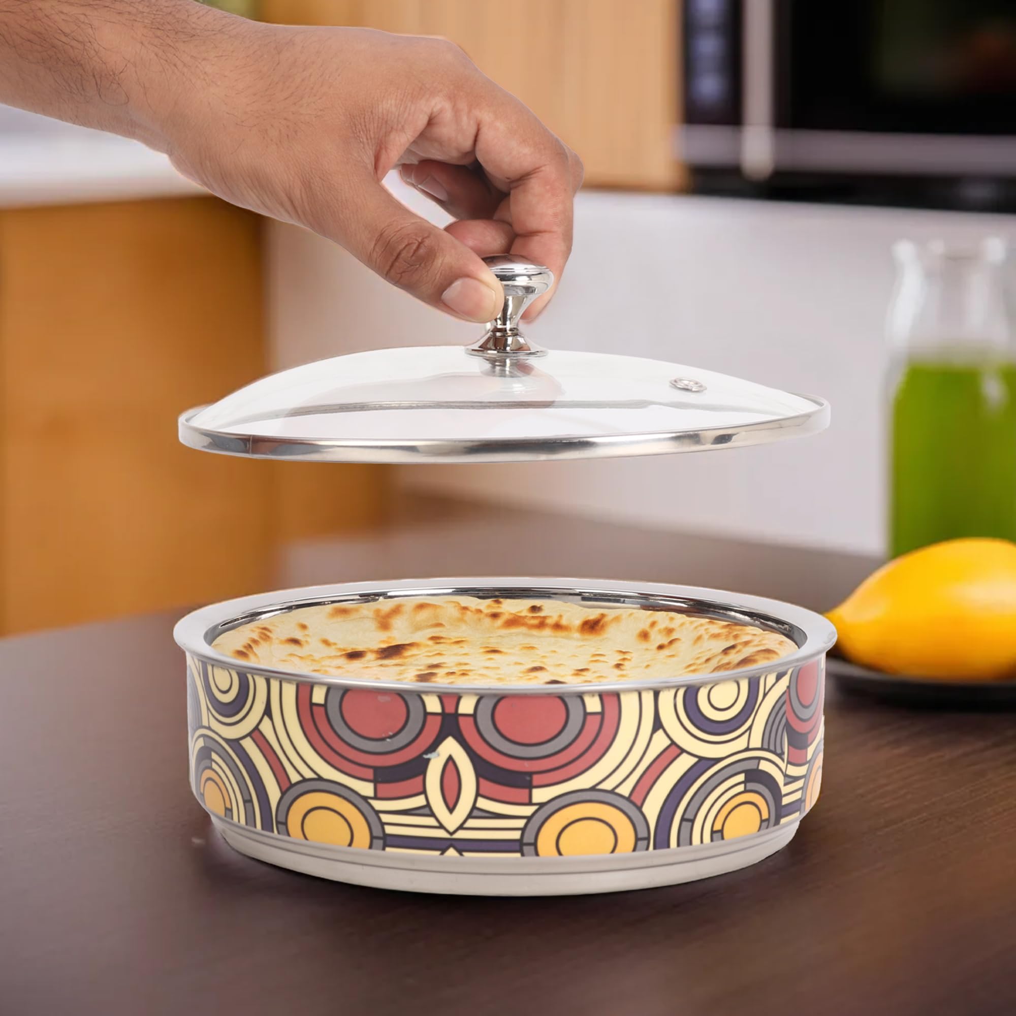 Umai Double Walled Insulated Serving Casserole (1.5L) | Stainless Steel Hotpot With Transparent Glass Lid & Coaster | Hot Pot Fo