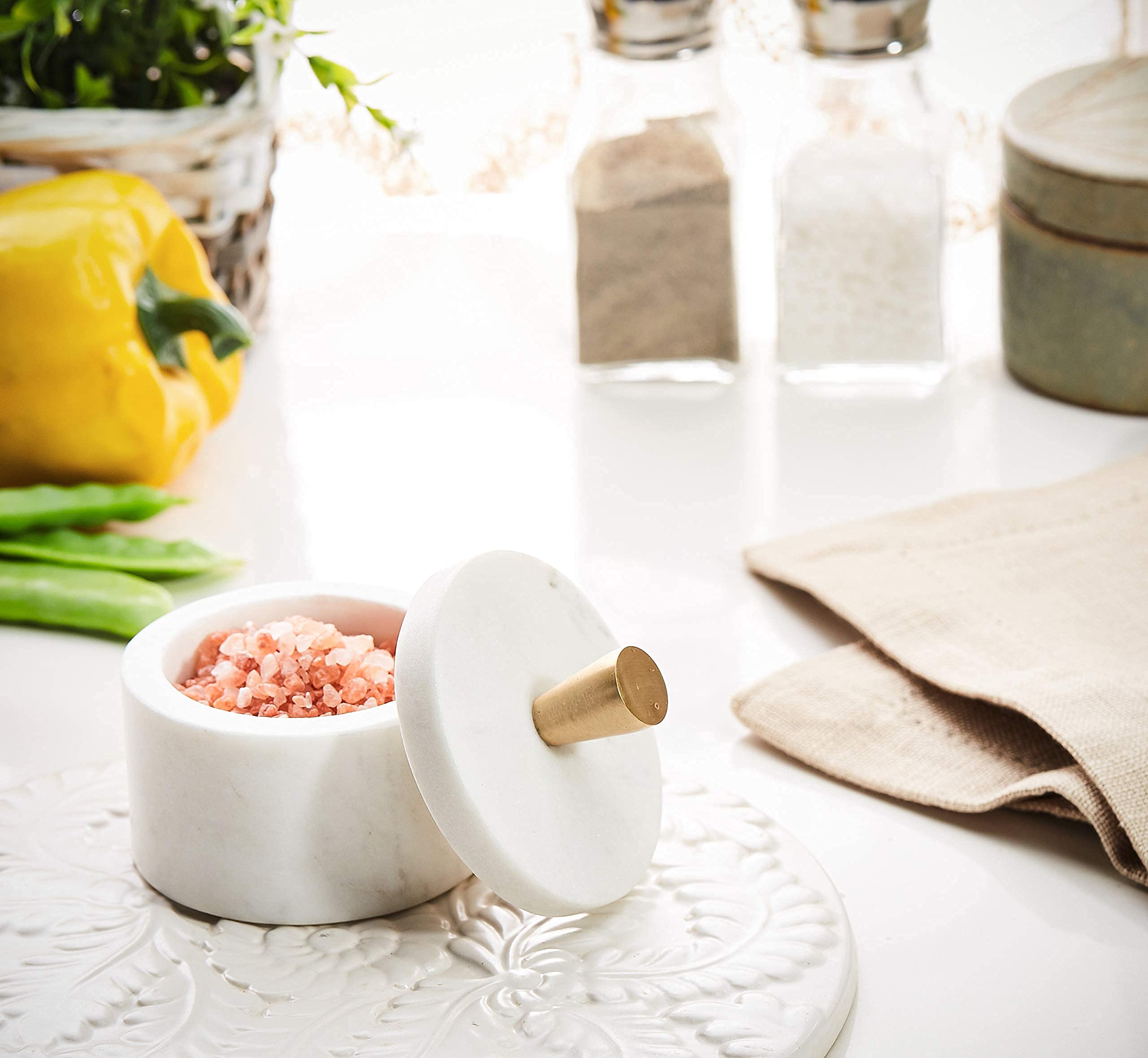 Queenza White Marble Salt Cellar With Lid And Brass Knob, 3 Inch Salt Box