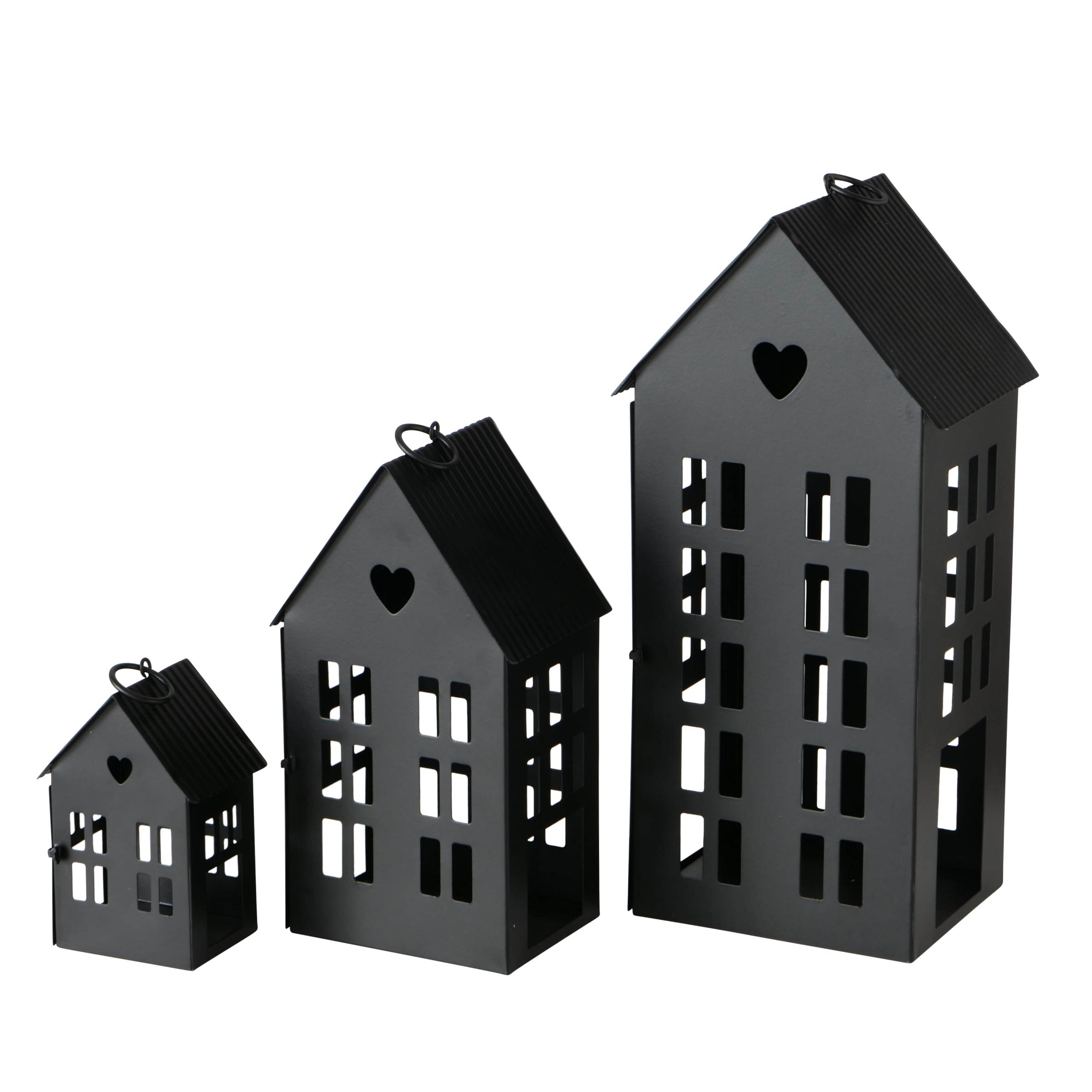 Main Street Town House Candle Lanterns, Set of 3, Vintage Style, Heart Details, Rustic Black, Metal, Corrugated Gabled Roof-Tops