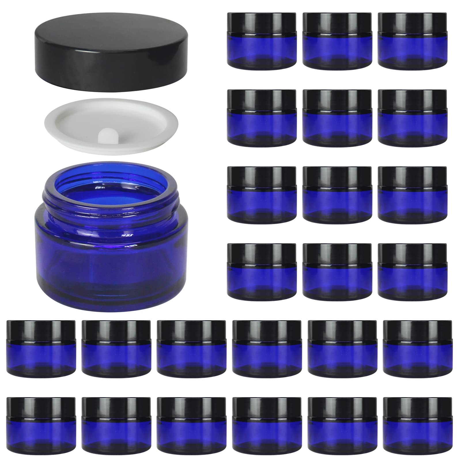 Bpfy 24 Pack 1 Oz Round Blue Glass Cosmetic Jars With Inner Liners And Black Lids, Travel Glass Jars, Cosmetic Containers For Li