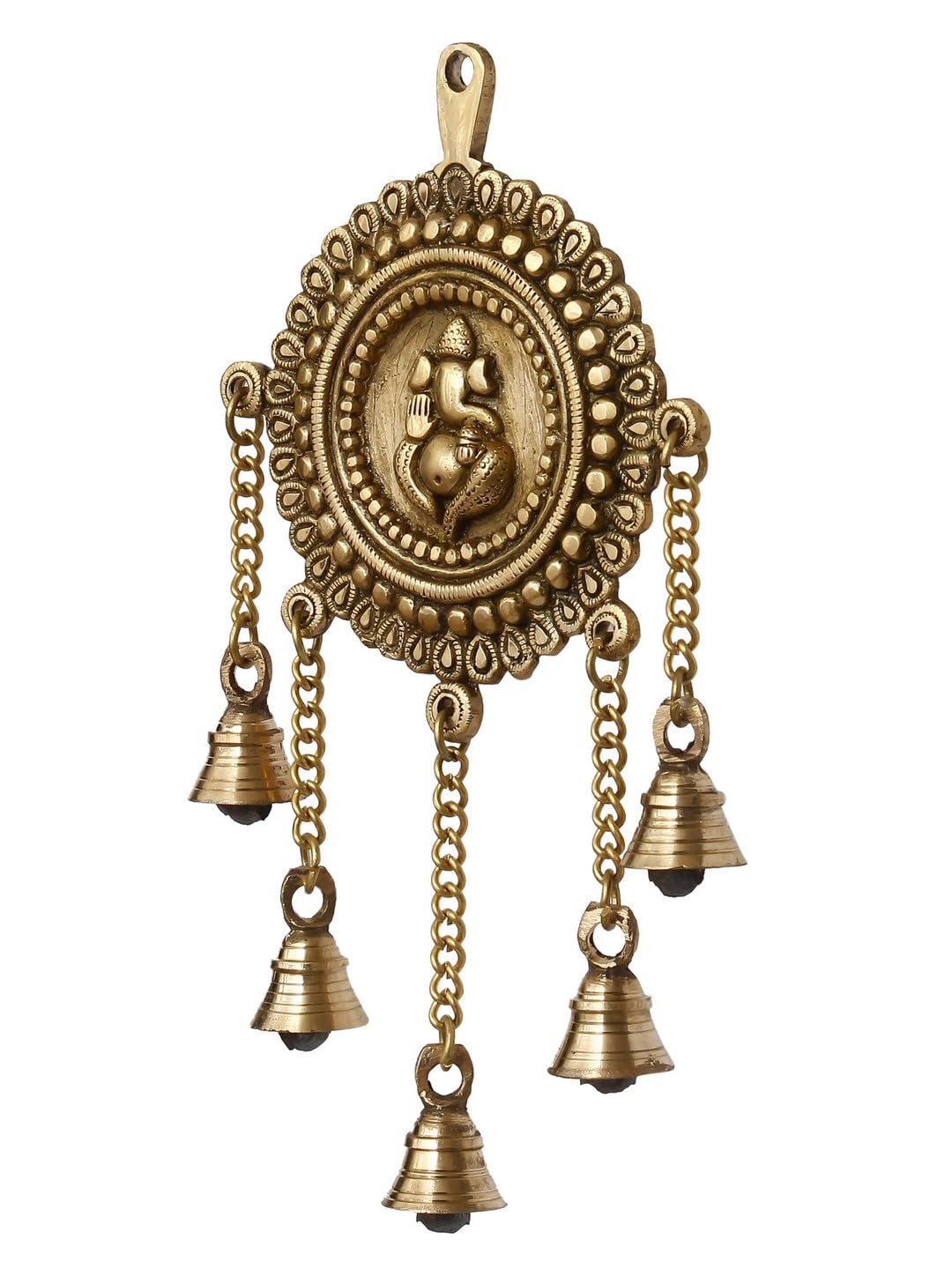 Ecraftindia Golden Brass Decorative Ganesha Wall Hanging Art With 5 Bells | Lord Ganesha Statue Decorative Showpiece For Wall De
