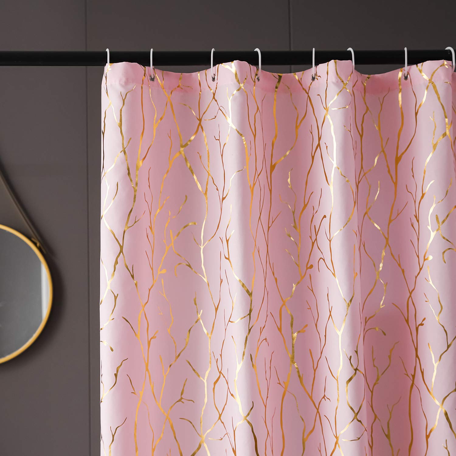 Finecity Tree Fabric Shower Curtain - Metallic Gold Foil Branch Pattern Print Pink Shower Curtain 72 Inch Long, Grommet Shower C