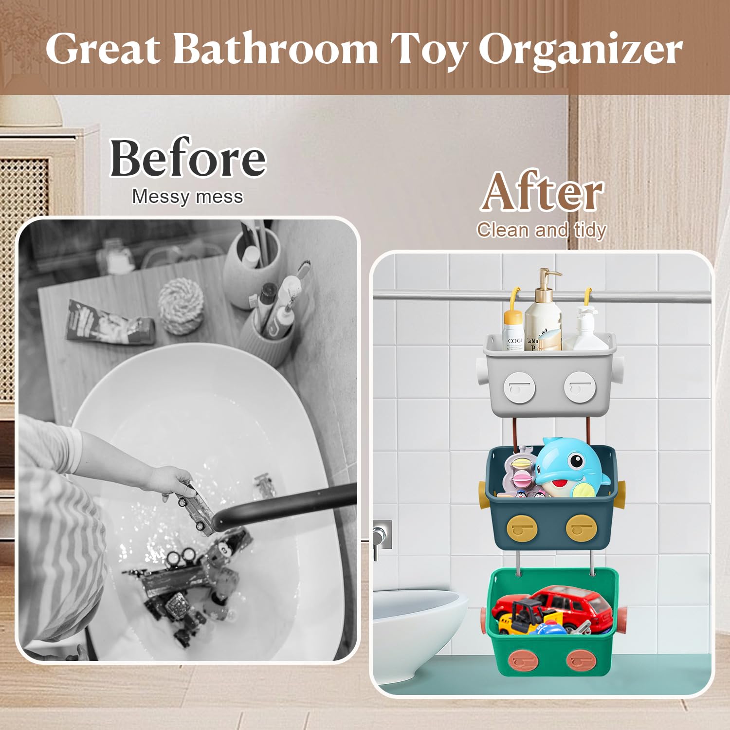 Karceyworth Bath Toy Storage Organizer Basket, 3 Pack Cute Robot Bathtub Shower Toy Organizer, Wall Mounted Hanging Bath Toy Hol