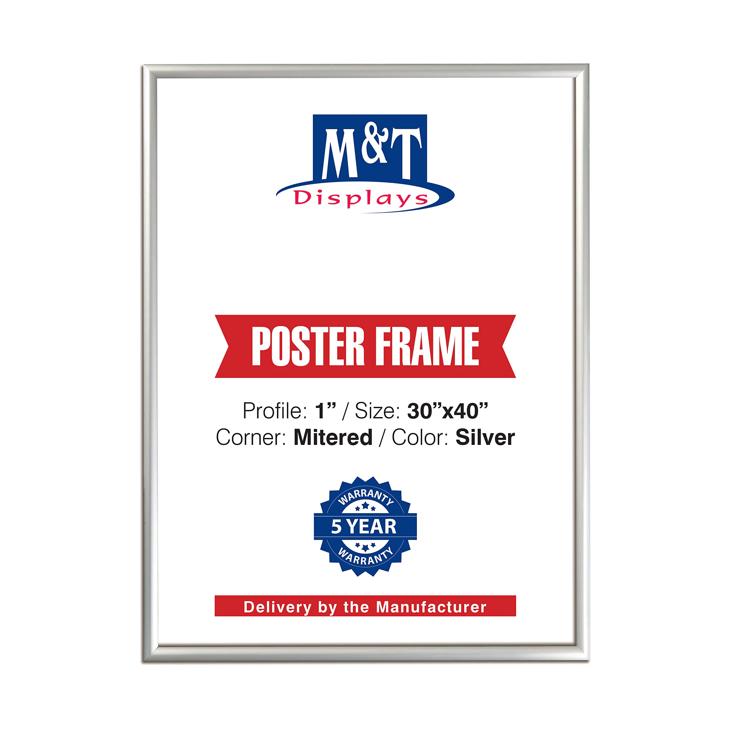 M&T Displays Silver 30x40 Poster Frame 1 inch Aluminum Profile Front Loading Wall Mounting Snap Frame Display for Picture, Docum