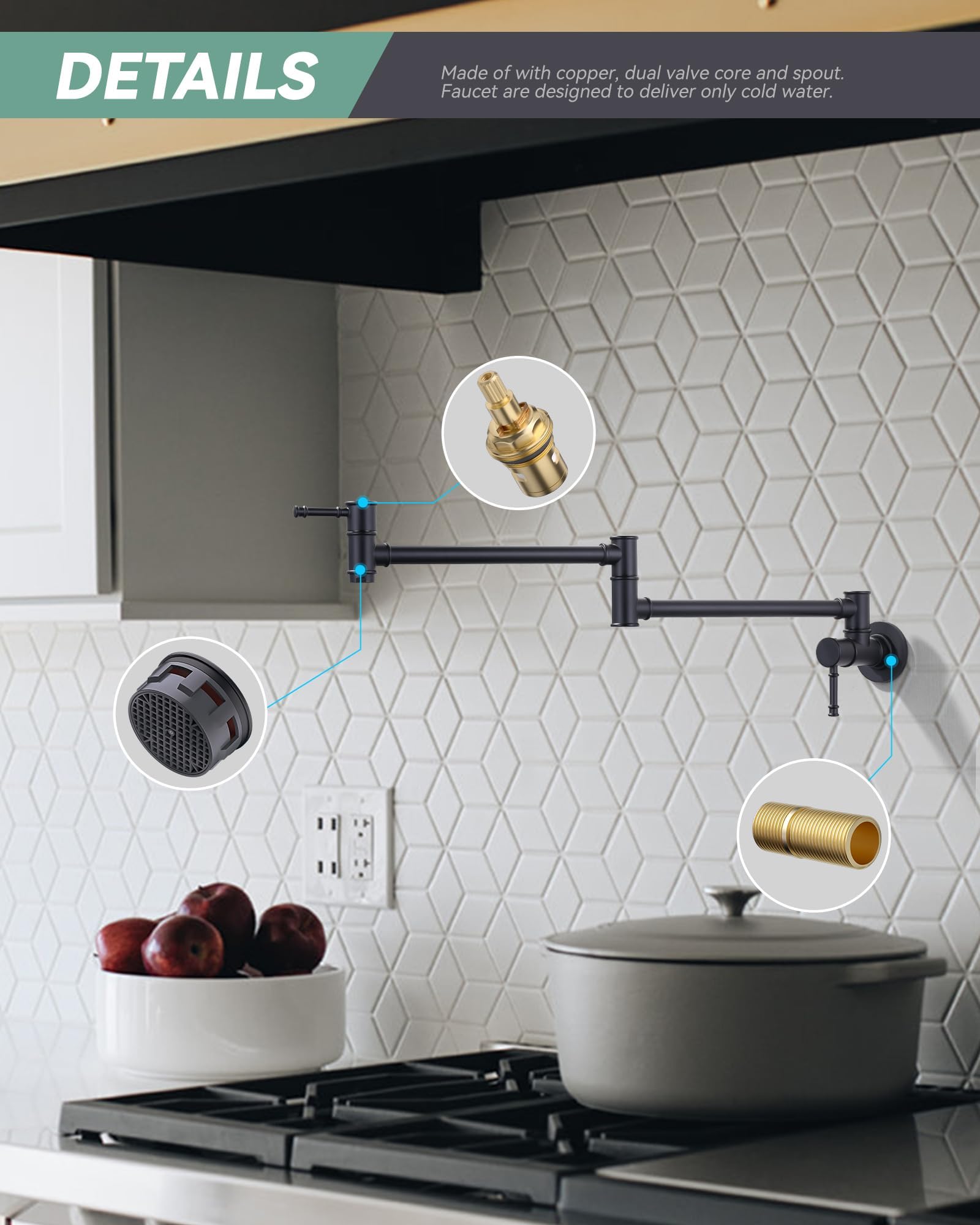 Aleasha Pot Filler Faucet Black Wall Mount Pot Filler Faucet Retractable Single Hole Modern Kitchen Sink Faucet Solid Brass Made