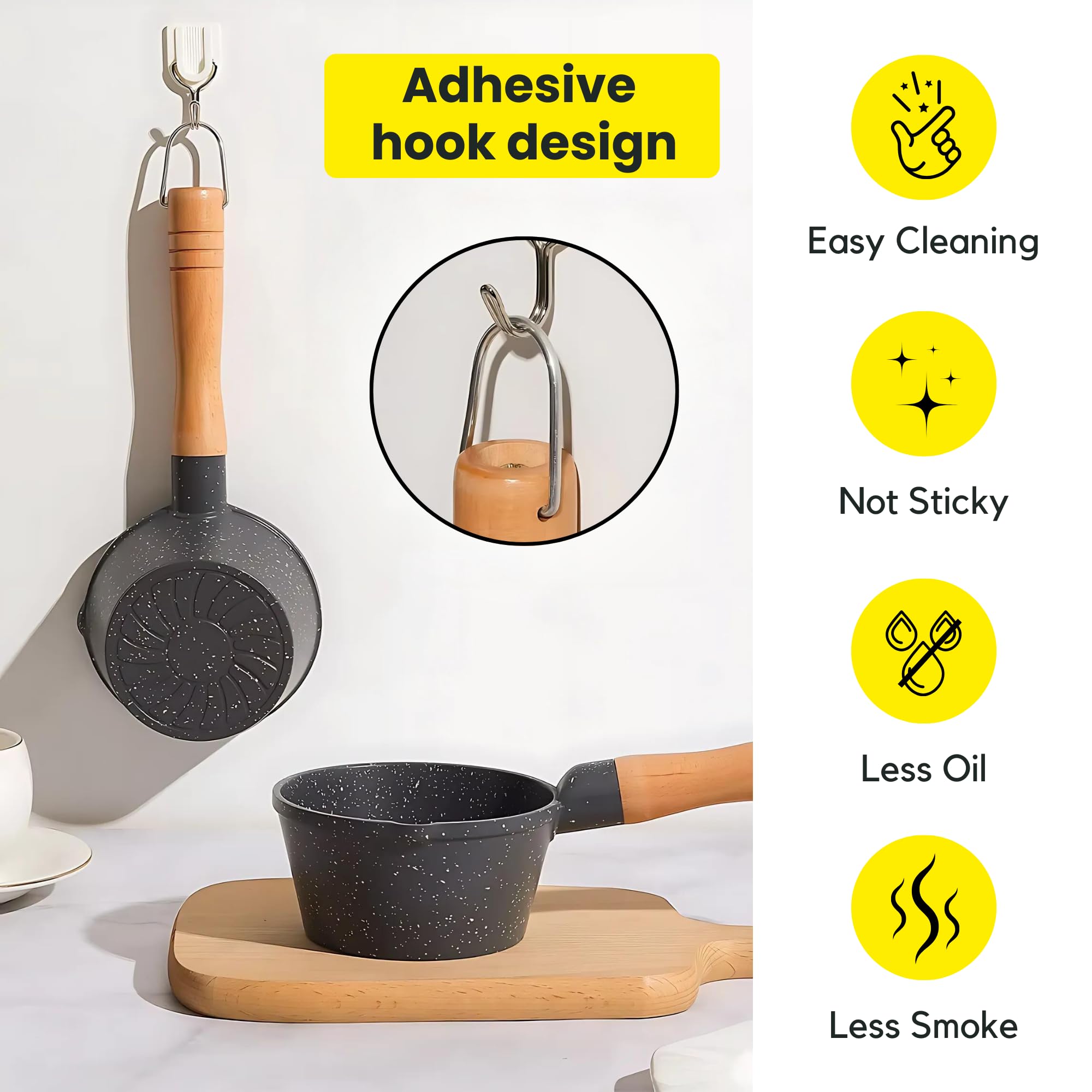 Homeessentials Deep Frying Tadka Pan With Wooden Handle - Non-Stick Maifan Material For Vaghar, Chounk, Baghar - Frying Dal/Spic