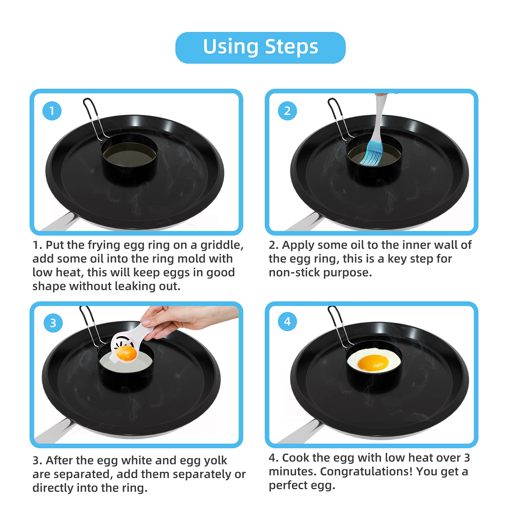 Ameupin Egg Rings  3.5 Inch Egg Cooking Rings for Griddle Frying Eggs (4 Pack Food Grade Stainless Steel Non Stick Round Egg Pancake Molds with Oil Brush and Egg Separator)