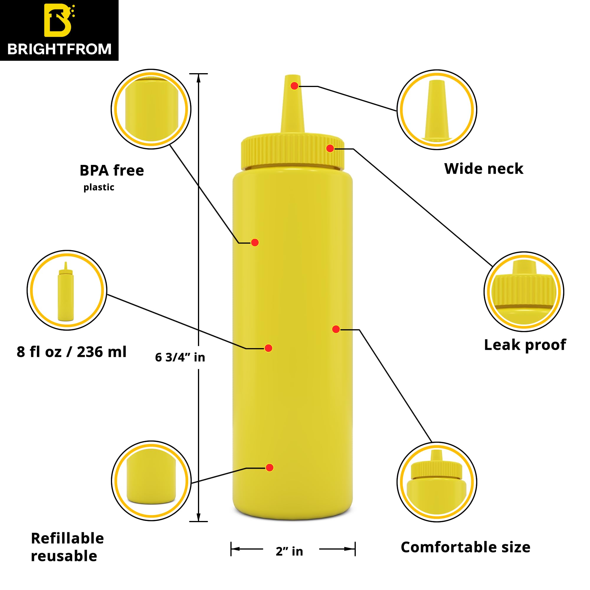 Brightfrom Condiment Squeeze Bottles, Yellow 8 Oz Empty Squirt Bottle With Wide Neck - Great For Ketchup, Mustard, Syrup, Sauces
