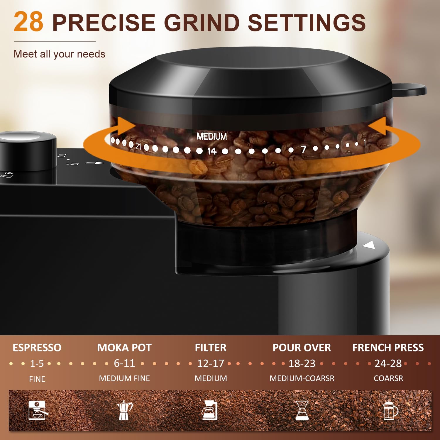Kirainafly Electric Burr Coffee Grinder,Adjustable Coffee Grinder With 28 Precise Grind Setting For French Press, Drip Coffee An