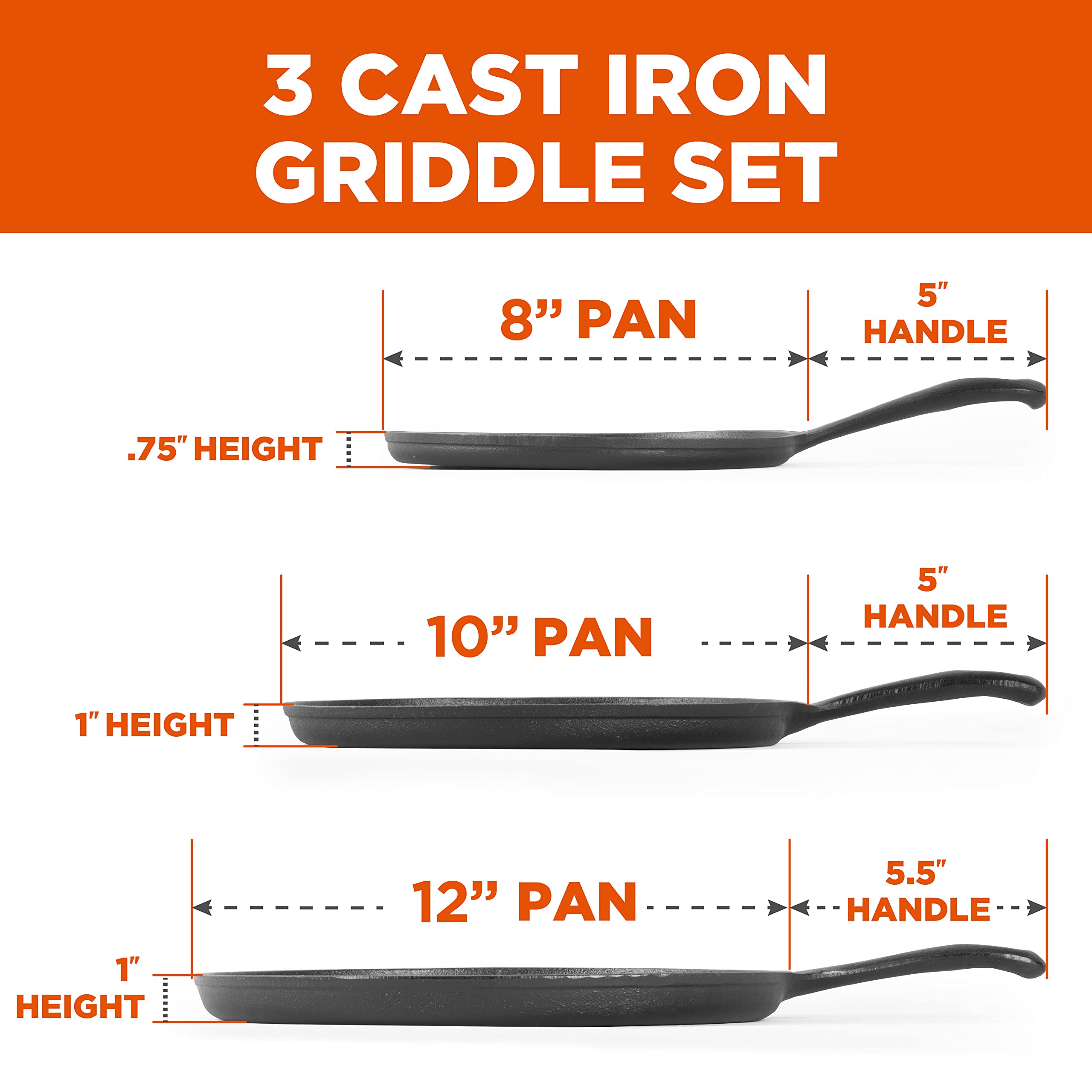 Commercial Chef Round Cast Iron Griddle Pan 3-Piece Set - 8-Inch, 10-Inch, And 12-Inch - Pre-Seasoned Griddle Cast Iron Cookware