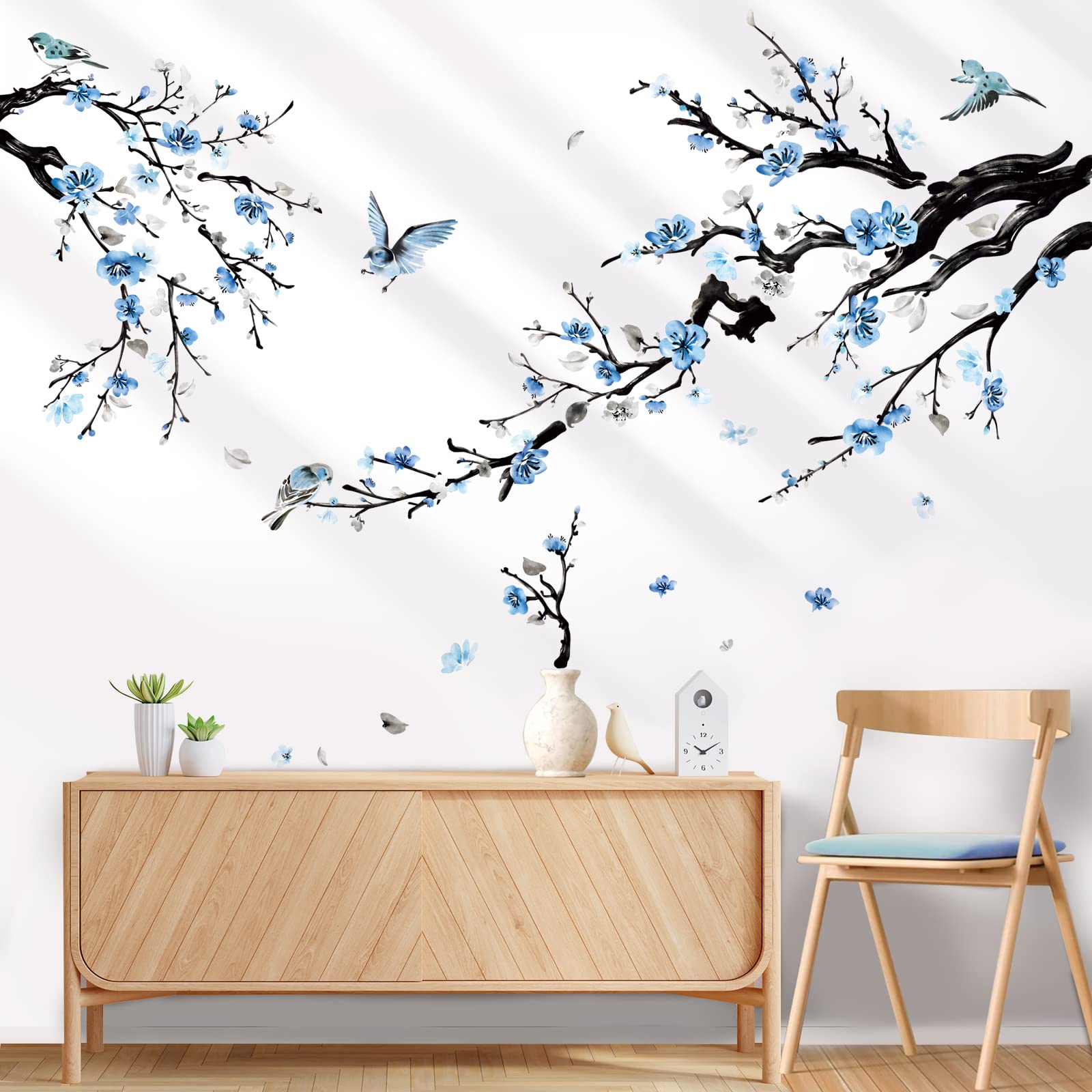 Wondever Watercolor Flower Tree Branch Wall Stickers Blossom Blue Floral Birds Peel And Stick Wall Art Decals For Living Room Be