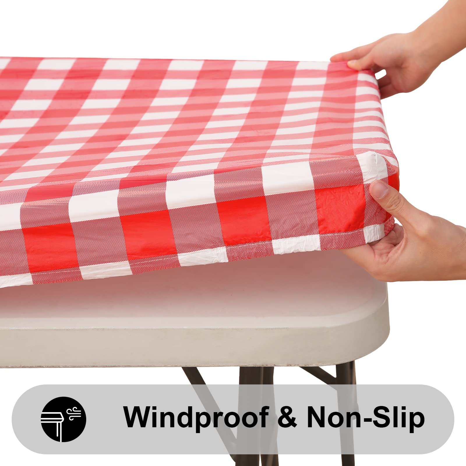 Smiry Rectangle Picnic Table Cloth, Elastic Waterproof Fitted Vinyl Tablecloth For 4 Ft Tables, Flannel Backed Buffalo Plaid Tab