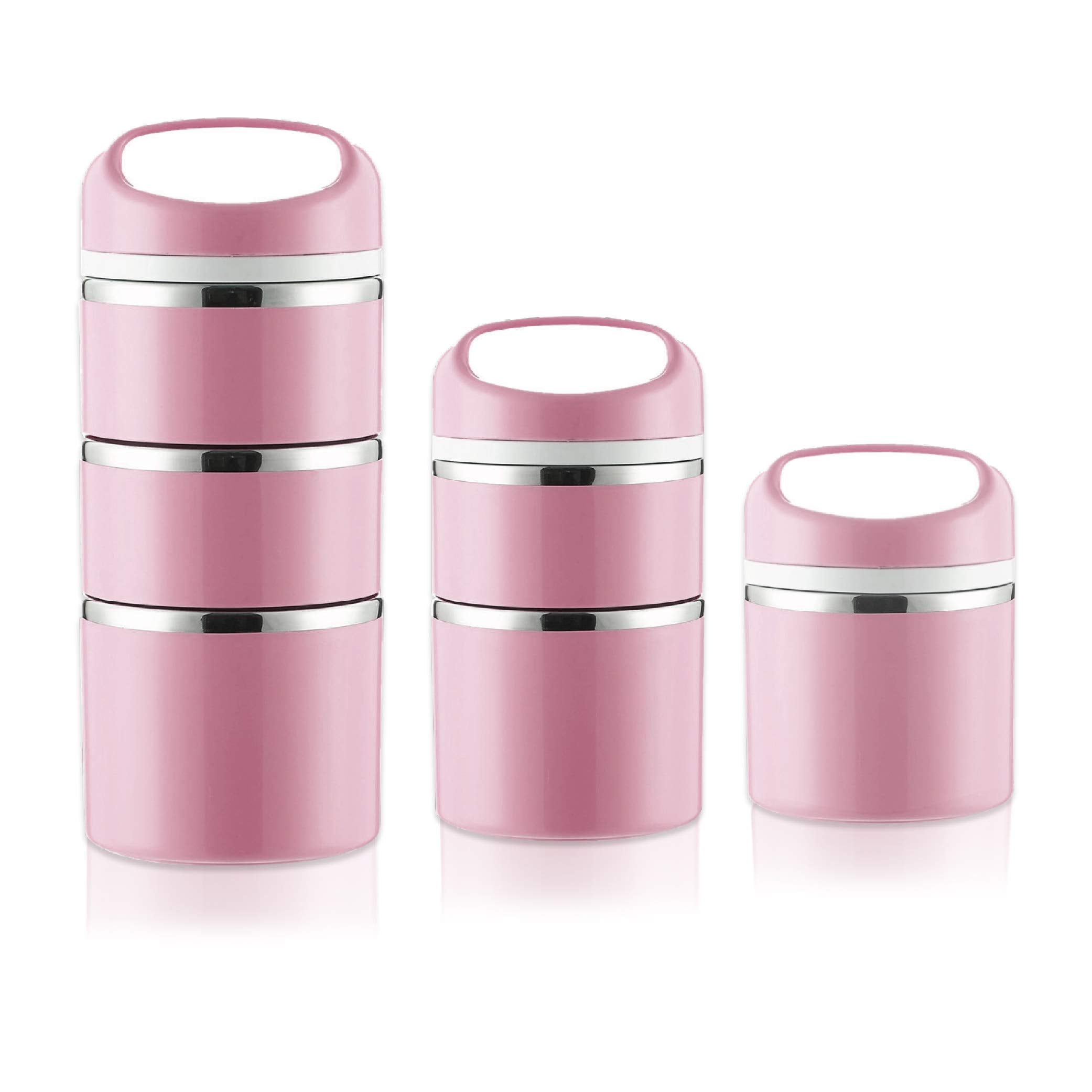 Lille Home Stackable Stainless Steel Thermal Lunch/Snack Box, 3-Tier Insulated Bento Box With Portable Cutlery Set, 43Oz, Pink