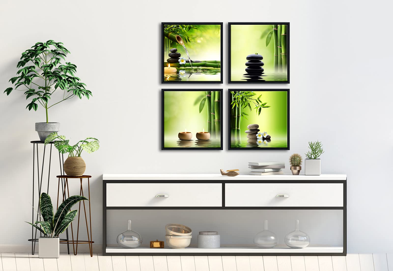 Pyradecor Modern 4 Panels Framed Contemporary Zen Giclee Canvas Prints Perfect Bamboo Green Pictures Paintings On Canvas Wall Ar