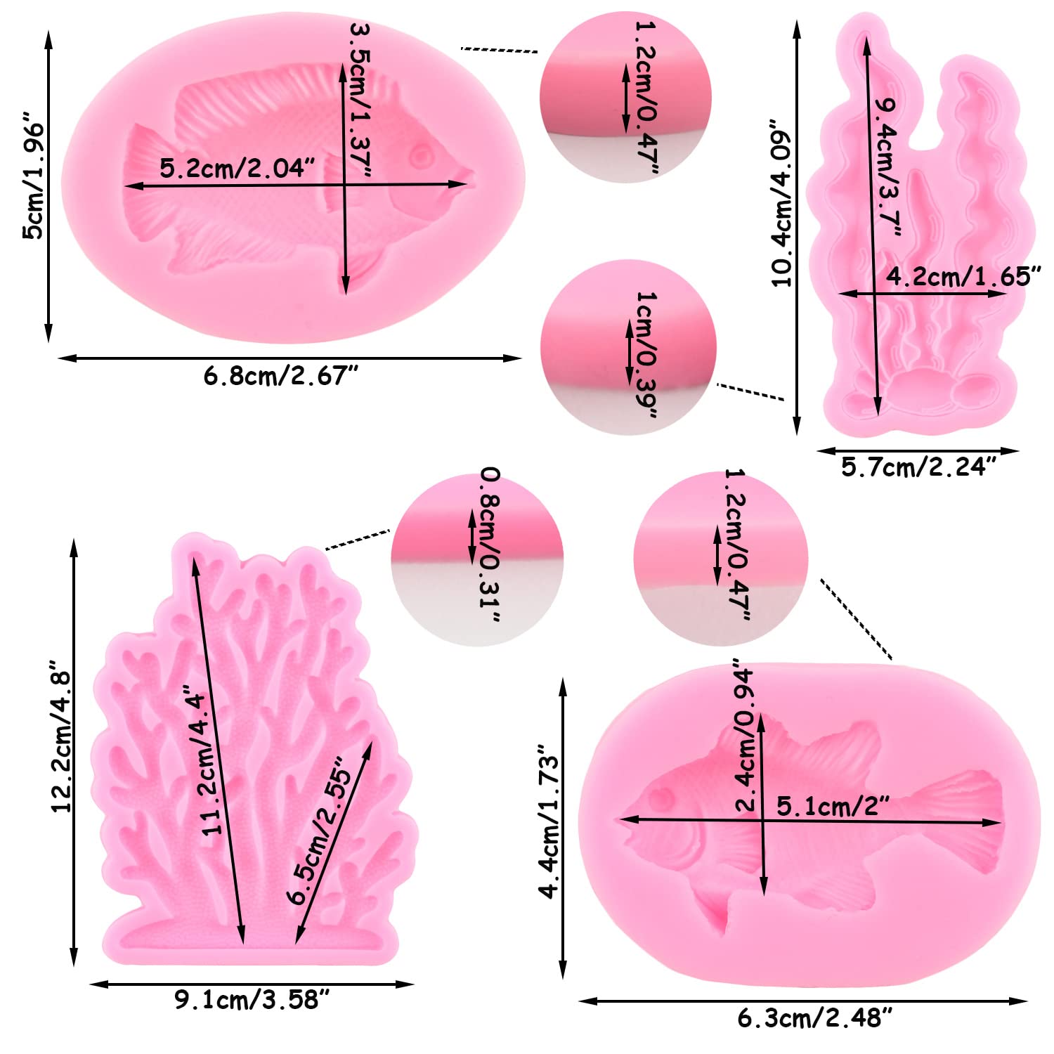 Mujiang Coral Seaweed Silicone Mold Sea Creatures Fish Fondant Molds For Cake Decorating Candy Chocolate Set Of 4