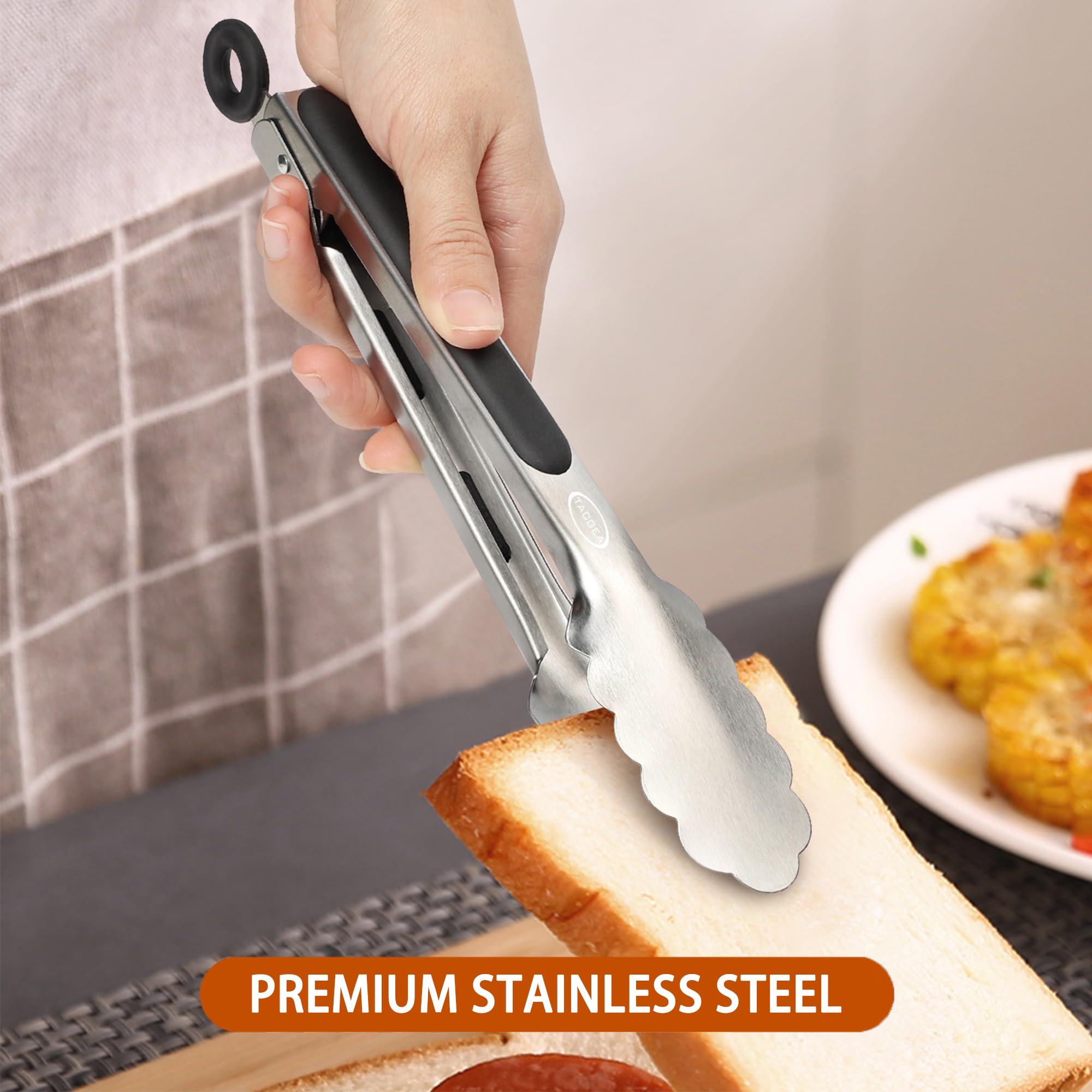 Tacgea Stainless Steel Kitchen Tongs, Silicone Non-Slip Grip, Locking Grilling Food Tongs Set Of 2, 9-Inch & 12-Inch