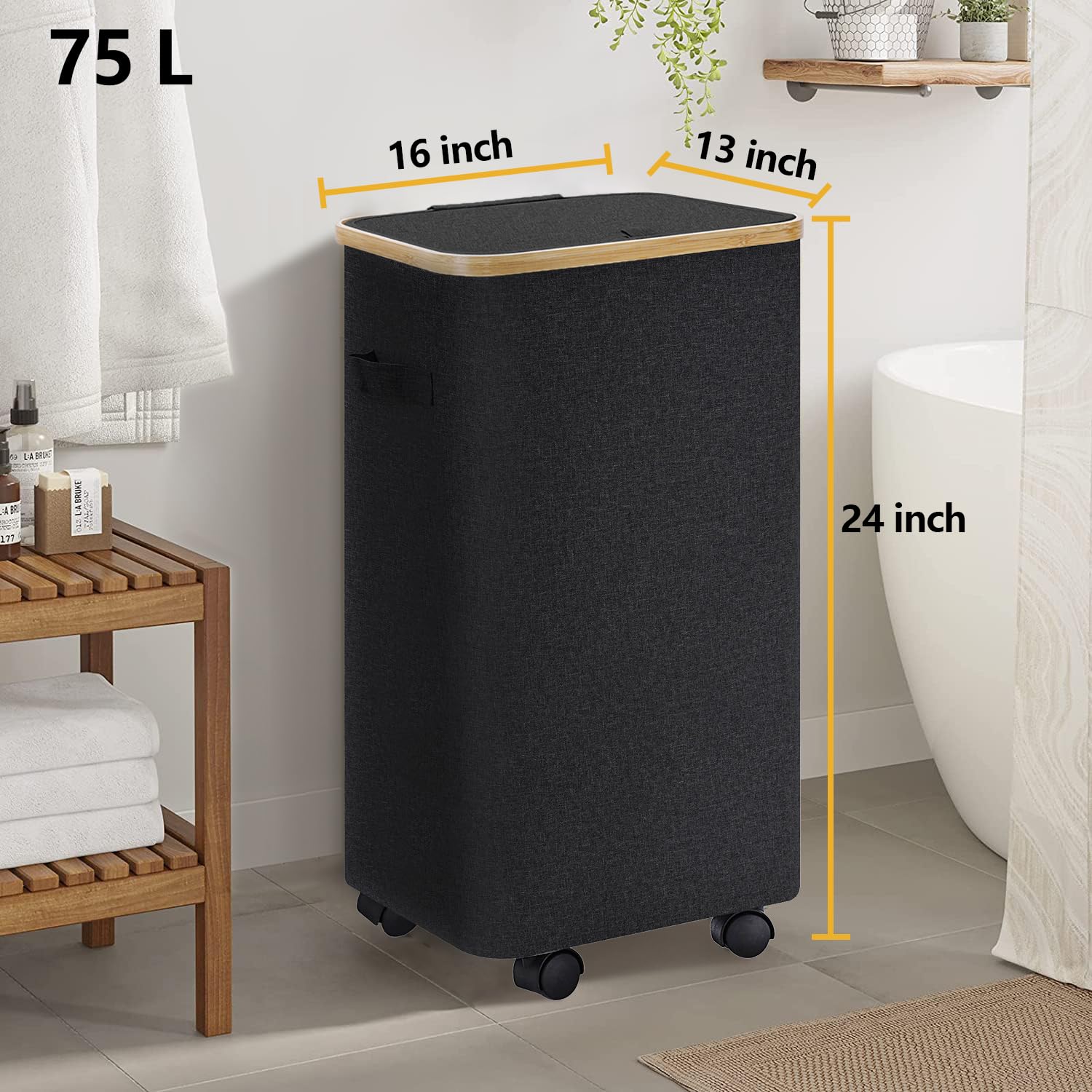 Black Laundry Hamper With Lid And Wheels,Rolling Laundry Basket With Handles Foldable Dirty Clothes Hamper Wheeled Laundry Hampe