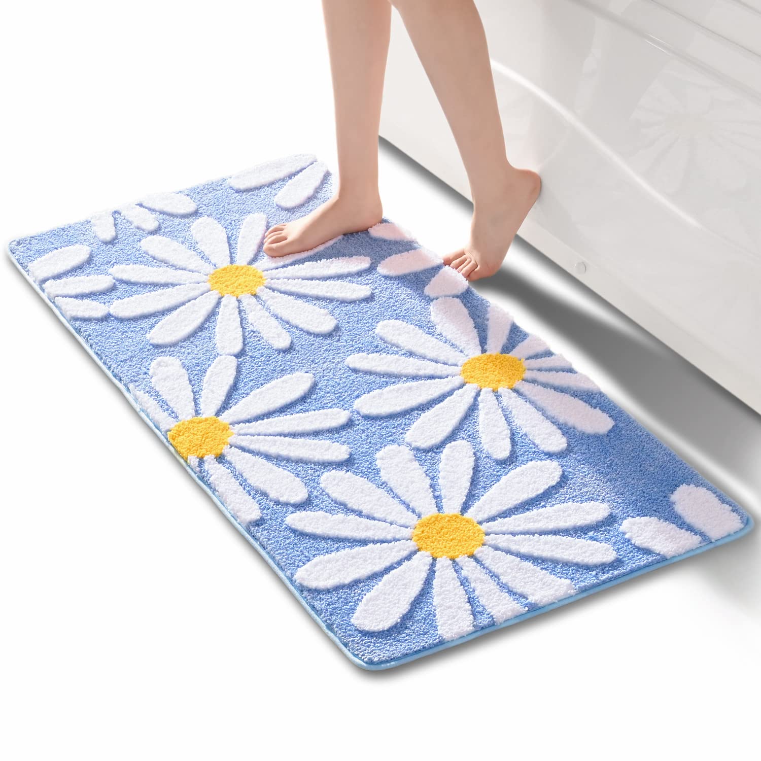 Blue Bathroom Rugs Cute Daisy Bath Mat White And Yellow Flower Decor Rug Non Slip Floor Carpet Microfiber Bathmat Super Absorben