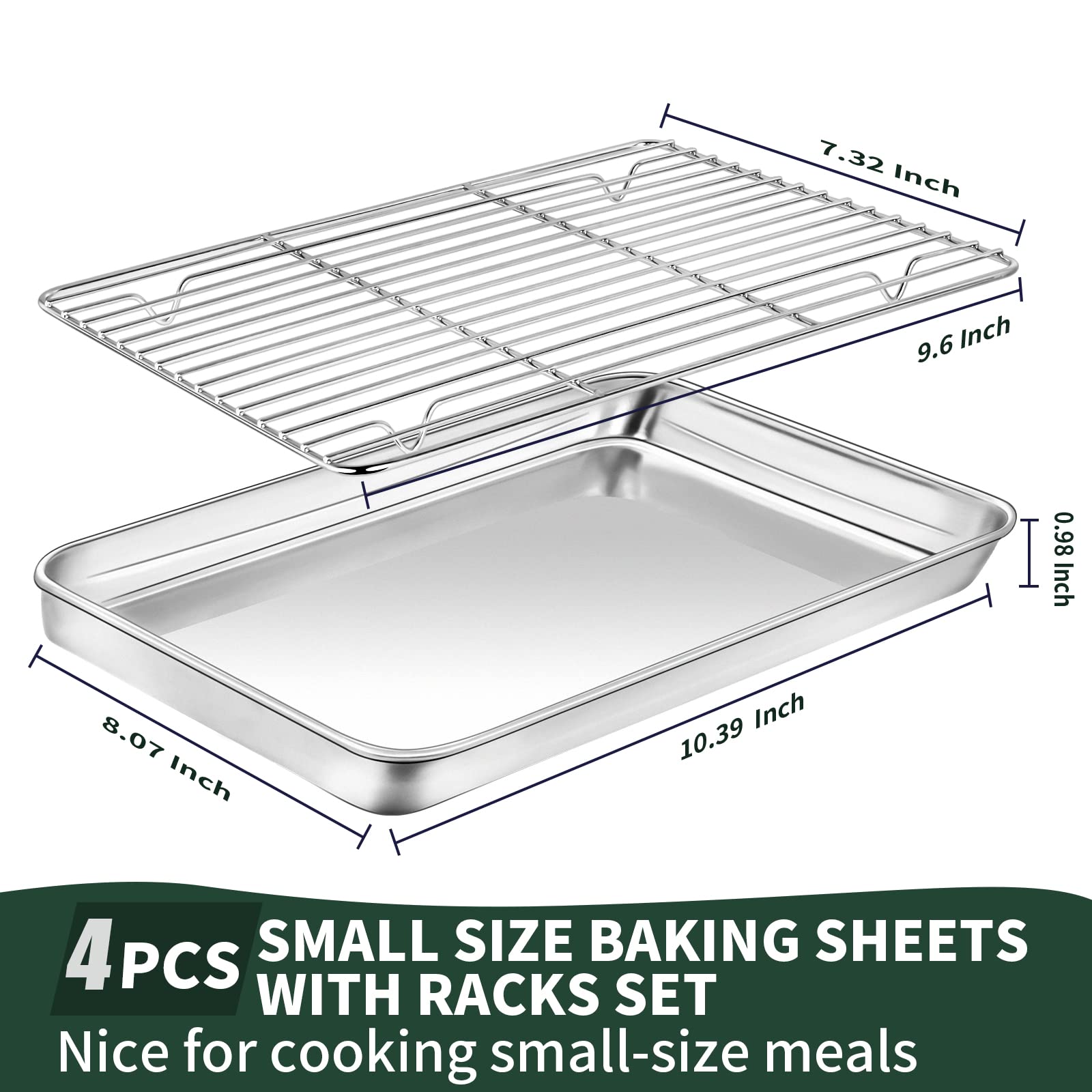 Baking Sheet With Cooling Rack Set(2 Baking Pans+2 Baking Racks), Cekee Stainless Steel Non Stick Small Cookie Sheet Set, Size 1