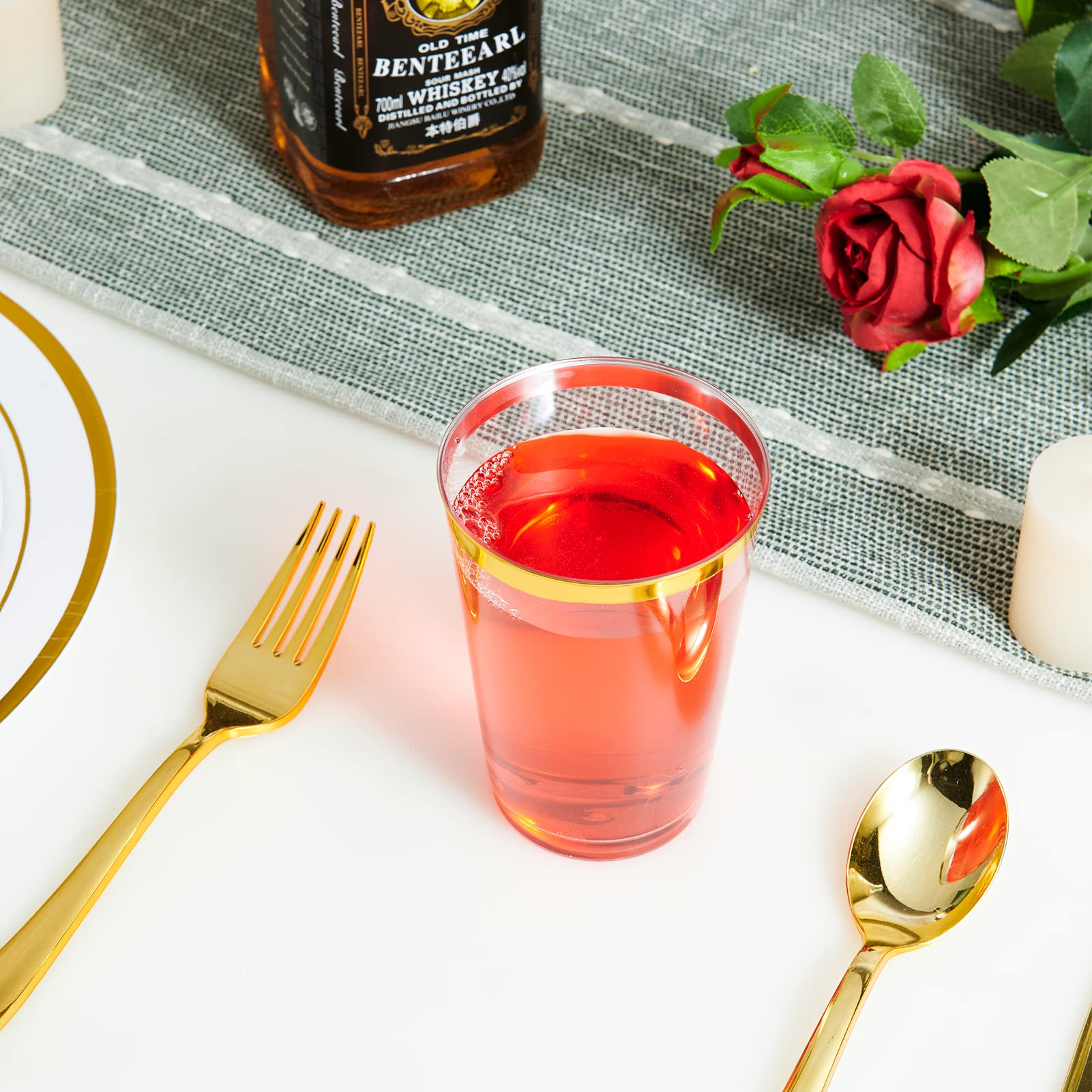 Vplus 150Pack 12 Oz Gold Rimmed Plastic Cups, Reusable Clear Plastic Cups, Disposable Heavy Duty Plastic Cups Perfect For Weddin