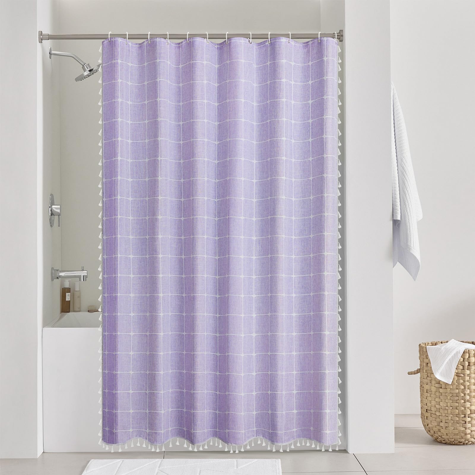 Yuanice Extra Long Bath Fabric Curtain - 84 Inches Lavender Boho Linen Rustic Heavy Duty Tassel Shower Curtain, Large Modern Lux