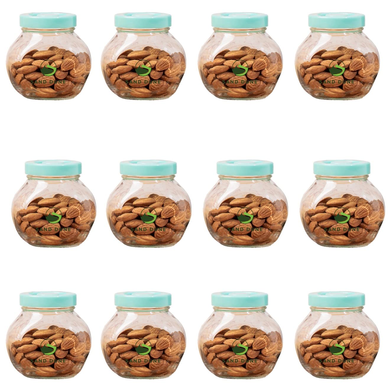 Sand Dune Set Of 12, 200 Ml Each Storage Glass Jar Green Plastic Cap, Transparent | Bpa Free | Storage Jar Containers/Barni For 