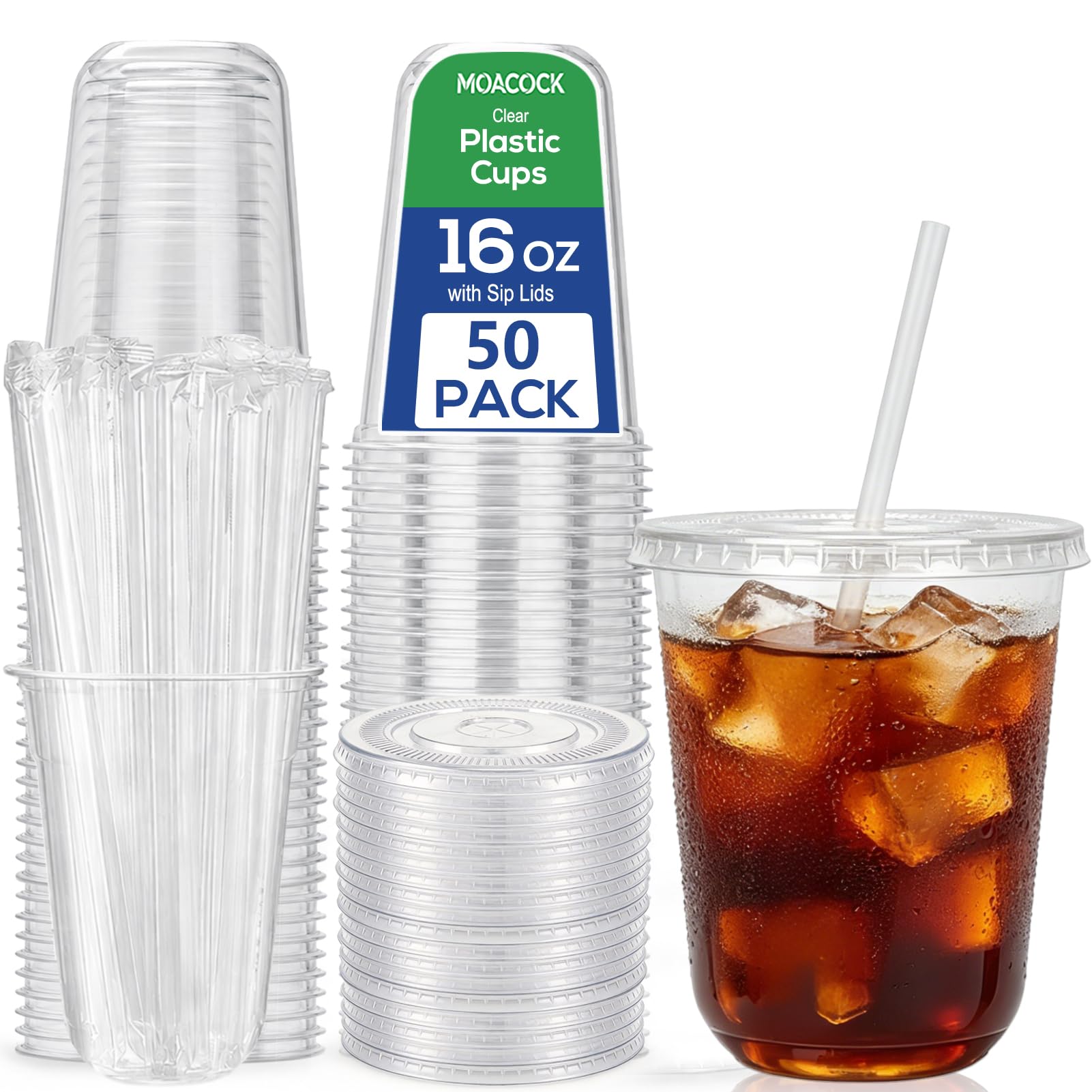 MOACOCK 16 oz  50 Pack Round Bottom Plastic Cups with Lids and Straws