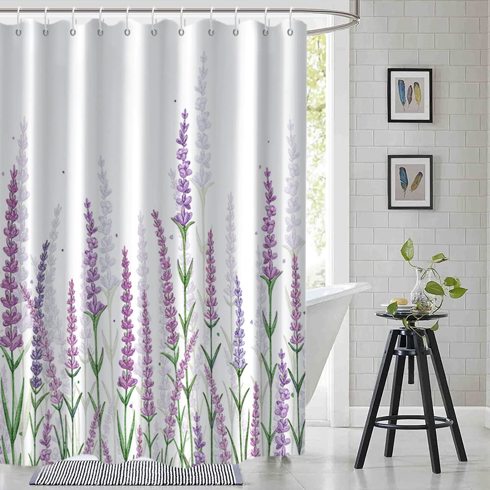 Ruelvth Purple Shower Curtain, Lavender Shower Curtain For Bathroom Waterproof Fabric Spring Plant Leaves With Floral Shower Cur